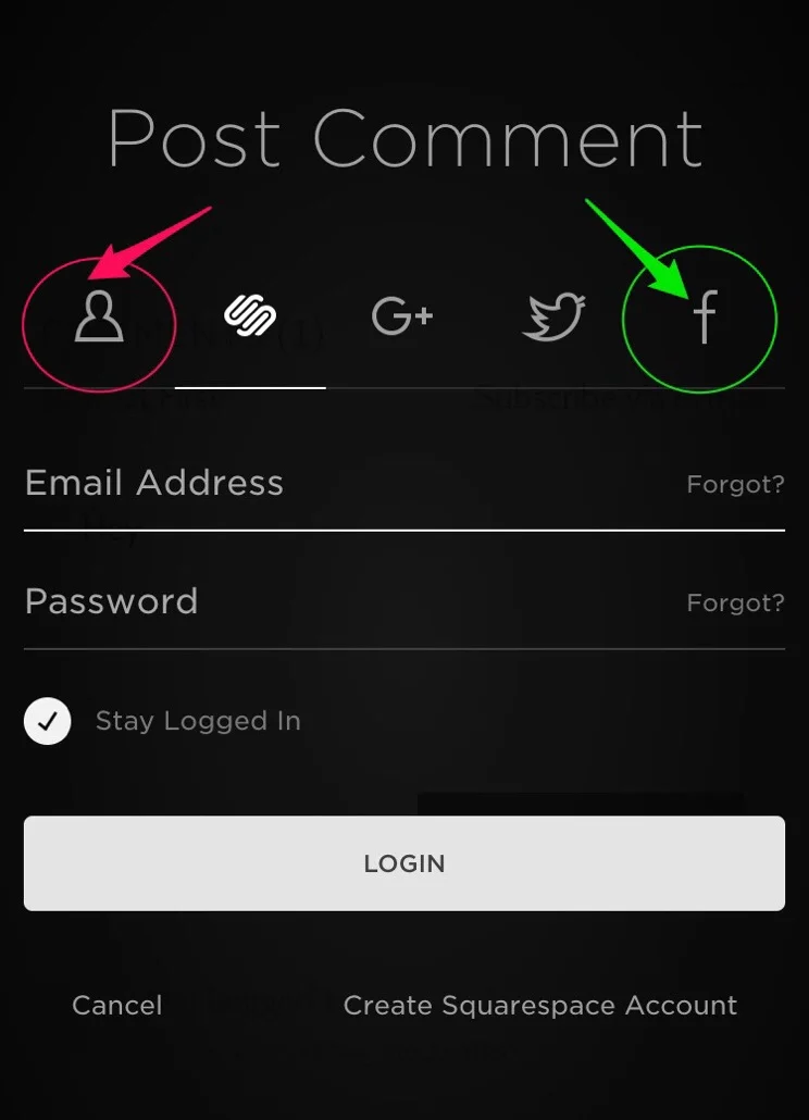 You can also sign in with Facebook, google+, squarespace and twitter