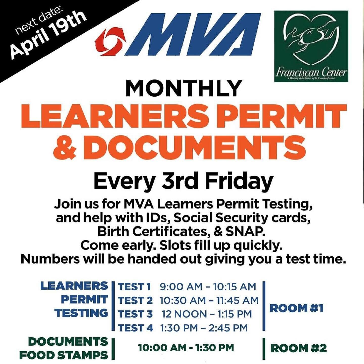 Join us FRIDAY APRIL 19th for Maryland Motor Vehicle Administration Learners Permit Testing &amp; assistance with documents with The Franciscan Center of Baltimore at  The Food Project 424 S. Pulaski St. Come early to get on the list.

ROOM #1 - MVA 