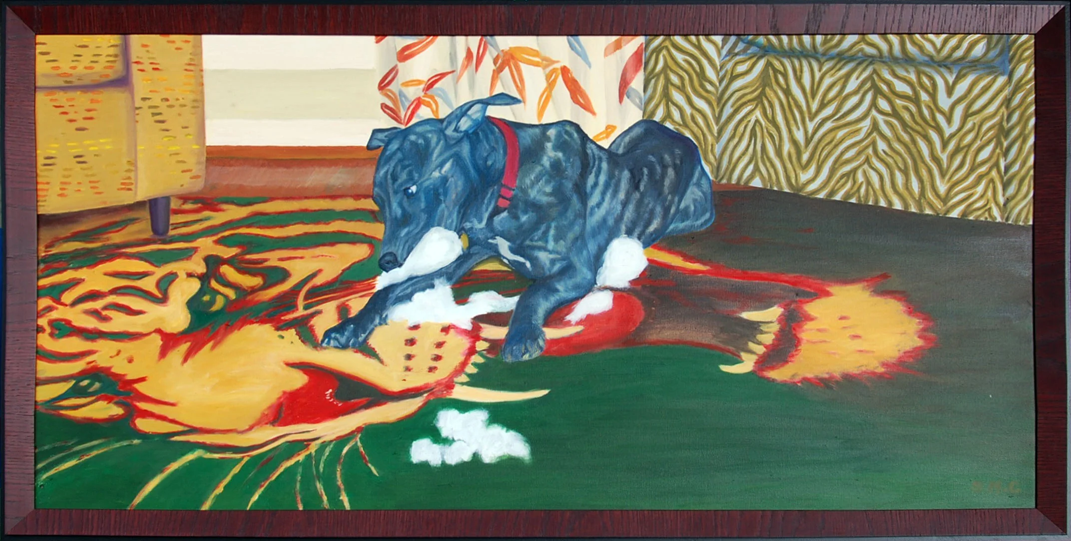 Dog vs. Tiger oil on canvass; 20"x40"; 2013 As in a boxing ring, the tiger has his 'corner' with the chair of similar colors. The dog's chair has a similar brindle pattern. The surroundings are in full color while the dog is mainly black and white or gray hues.