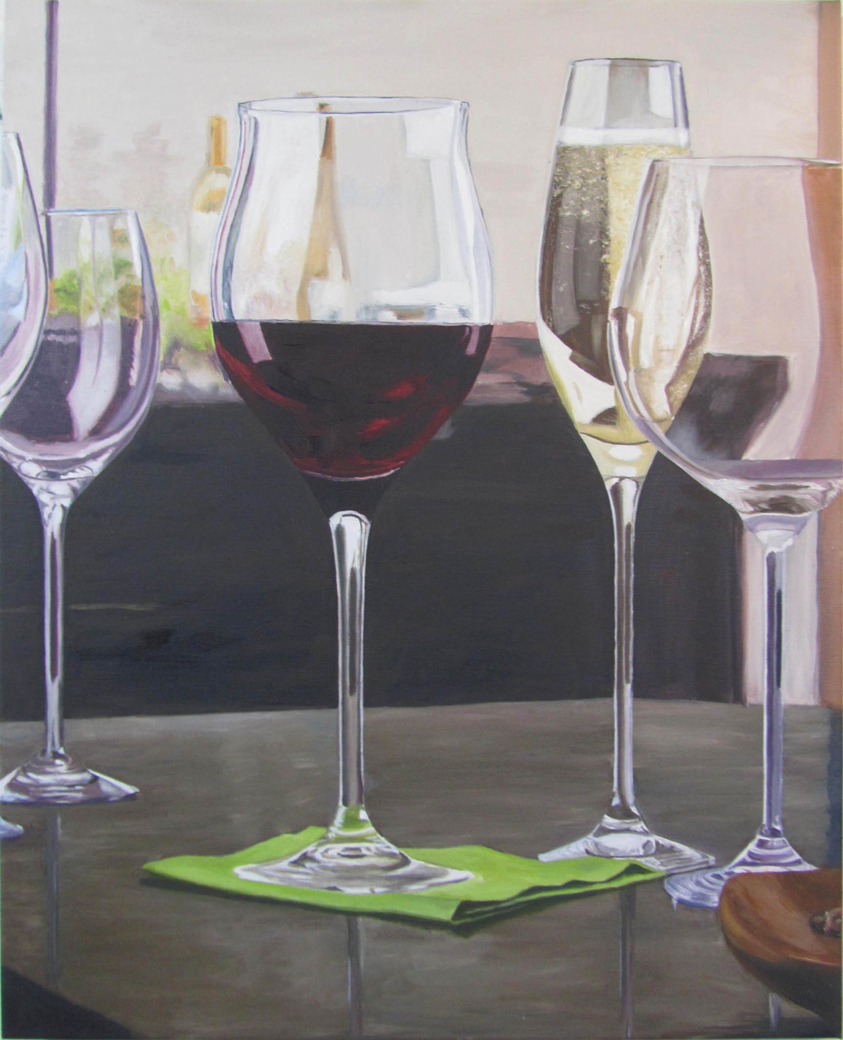 Wine Glasses Still Life oil on canvass; 30" x 24"; 2013 sold This was a study in how light hits glass and liquid.