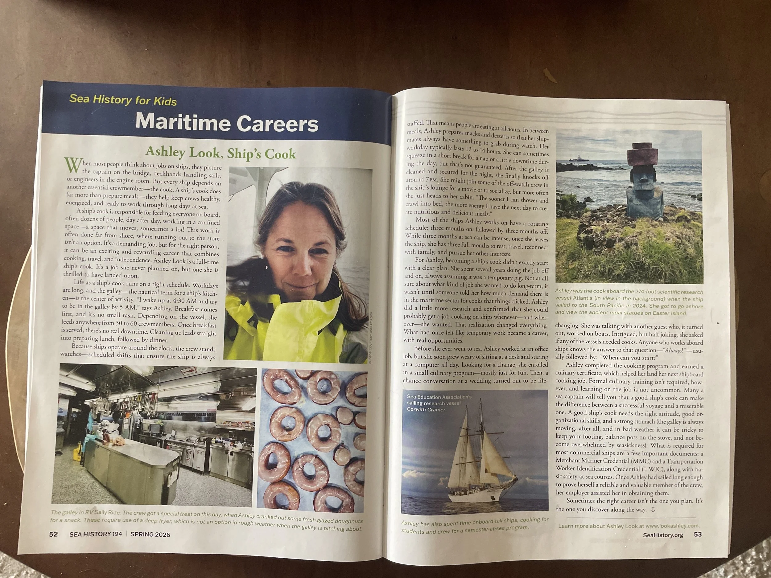 Magazine feature about my work as a sea cook aboard a research vessel, showing photographs and an interview about preparing meals while at sea.