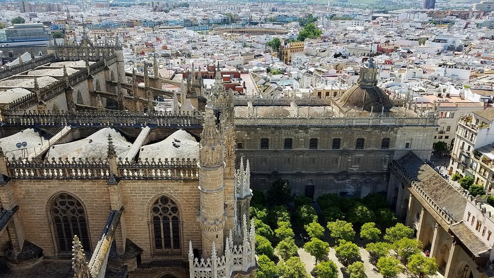  Overlooking the Cathedral of Seville from inside the Giralda, the belltower. 