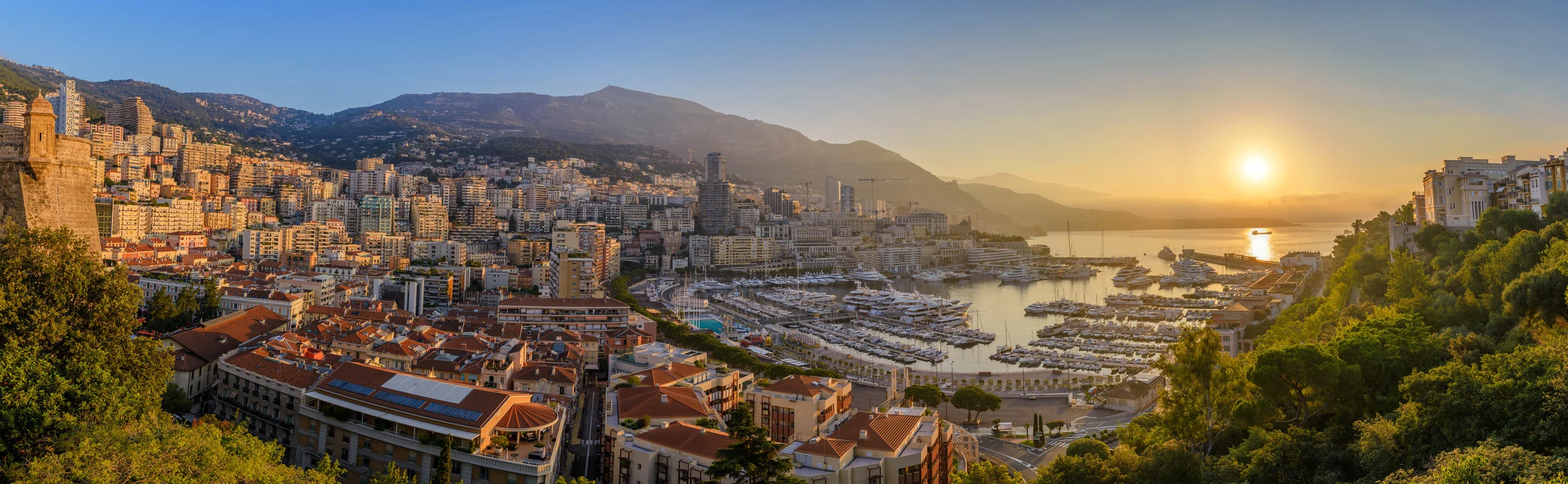 Monaco Ville Harbour sunrise panorama city skyline, Monte Carlo,