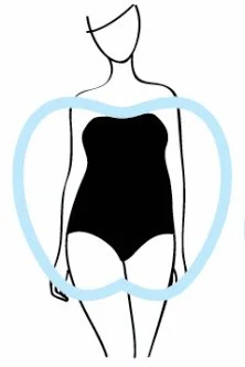 A line drawing of a woman in a black one-piece swimsuit, surrounded by a light blue oval