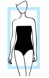 Line drawing of a woman wearing a black strapless one-piece swimsuit.
