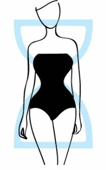 Illustration of a woman in a strapless black swimsuit, standing with one hand hanging down. Background features a light blue shield-shaped outline.