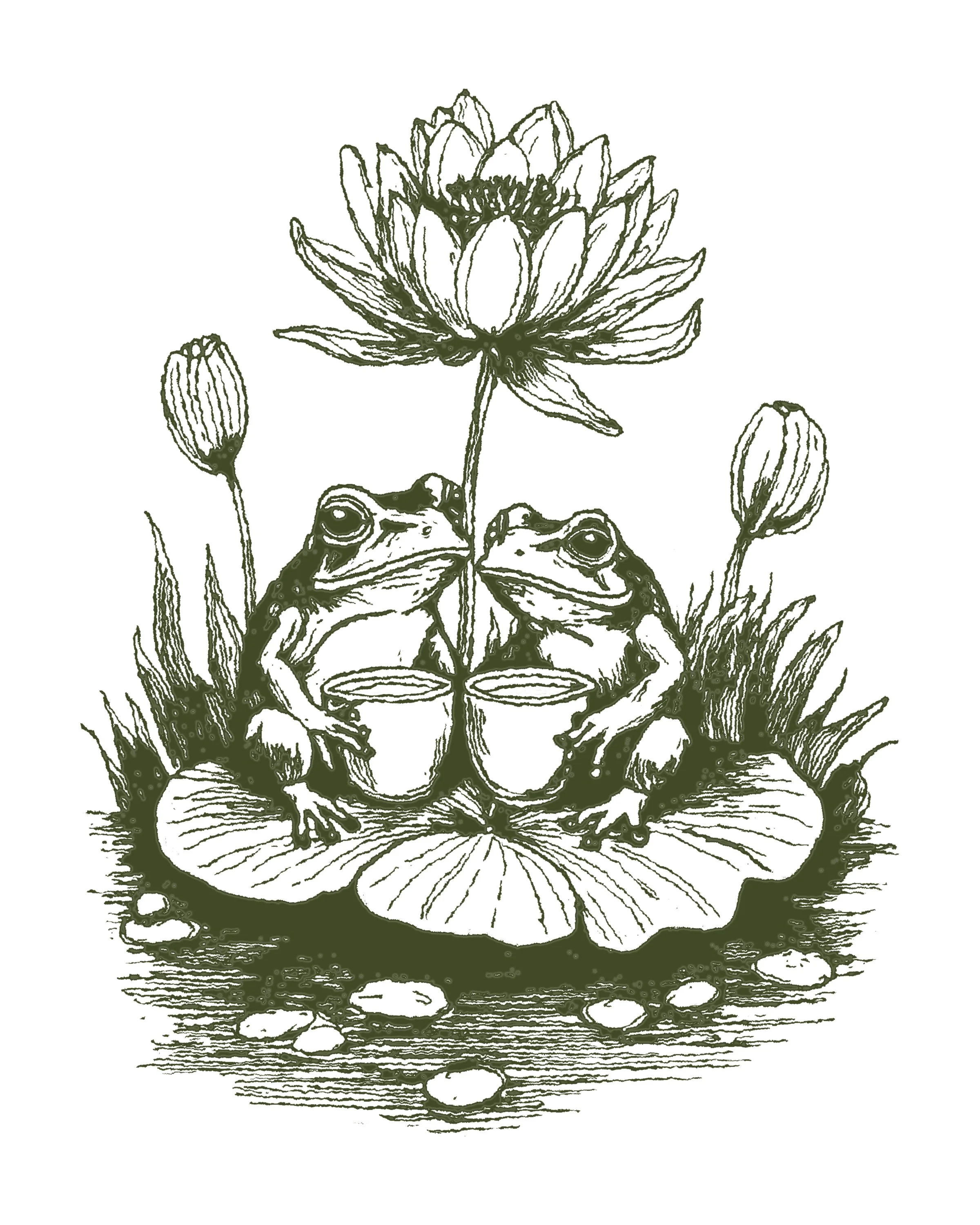 Two frogs sitting on lily pads holding cups, with a large lotus flower and several lotus blossoms and buds in the background.