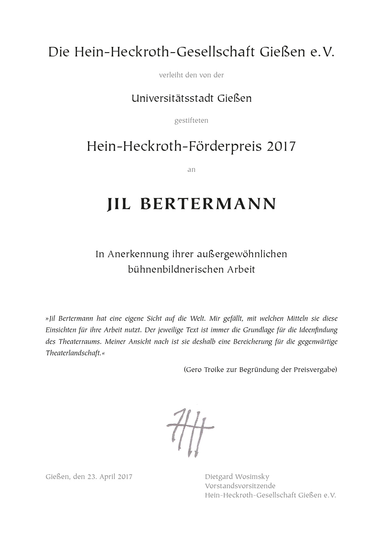 Urkunde Jil Bertermann