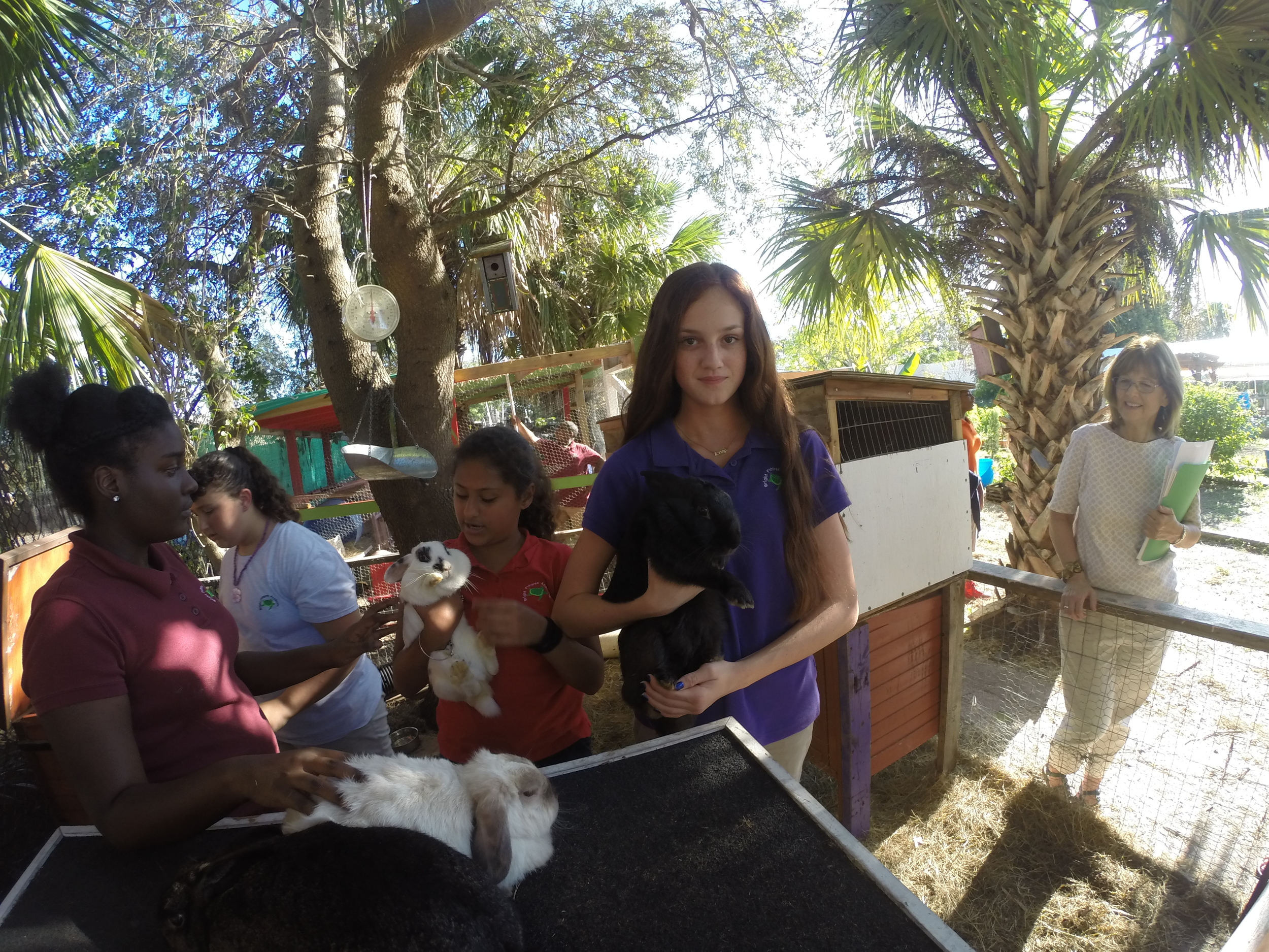 Bright Futures Academy students showing off their furry friends, the therapy bunnies