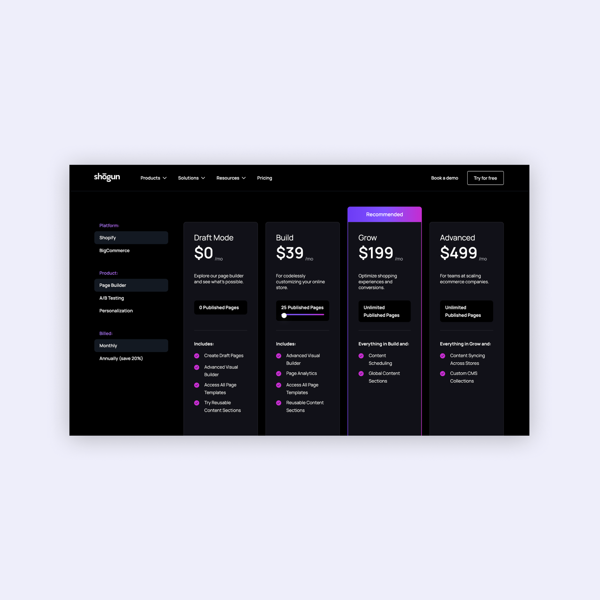 Shogun Pricing Page