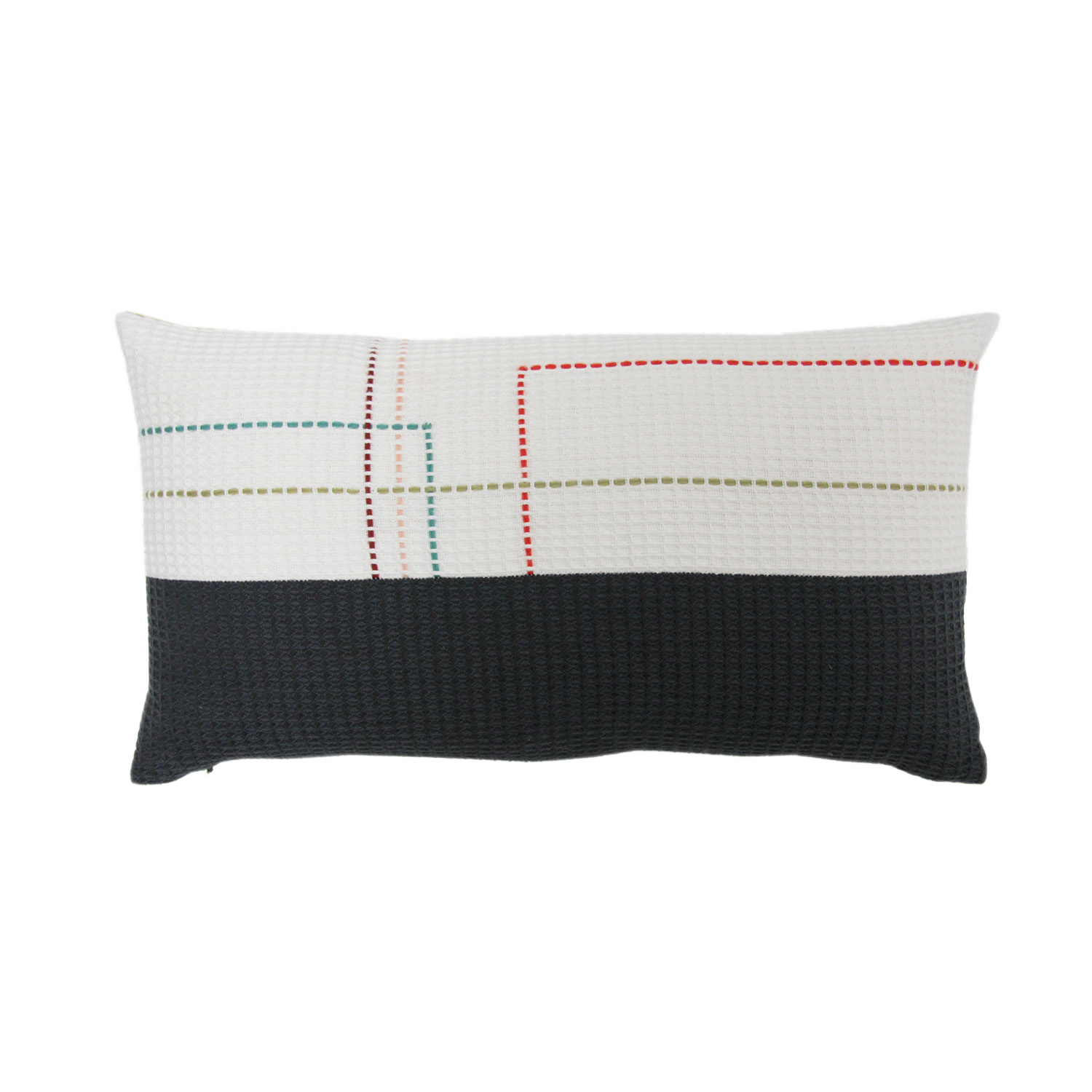 Hand embroidered organic cotton navy and white rectangle cushion