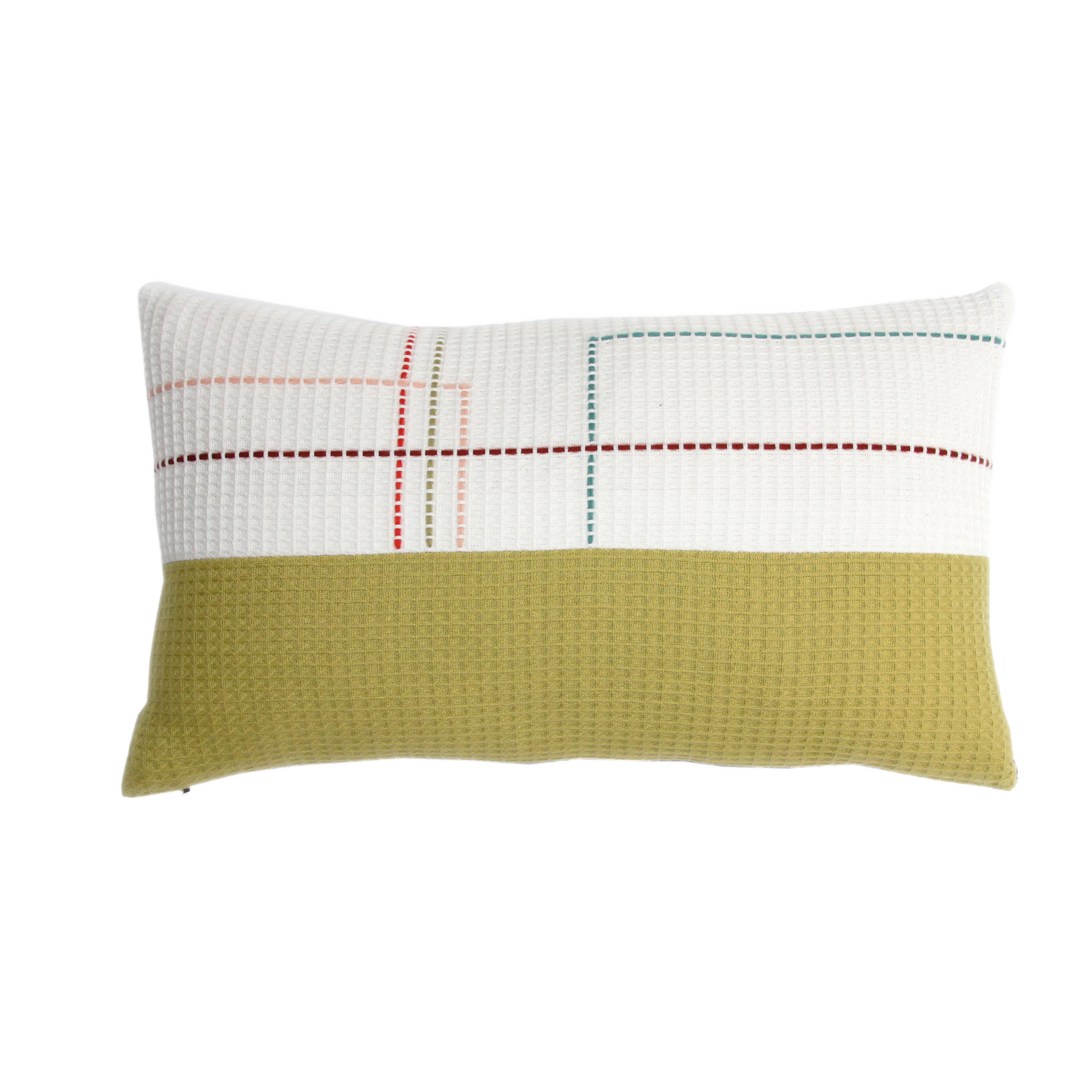 Hand embroidered organic cotton olive and white rectangle cushion