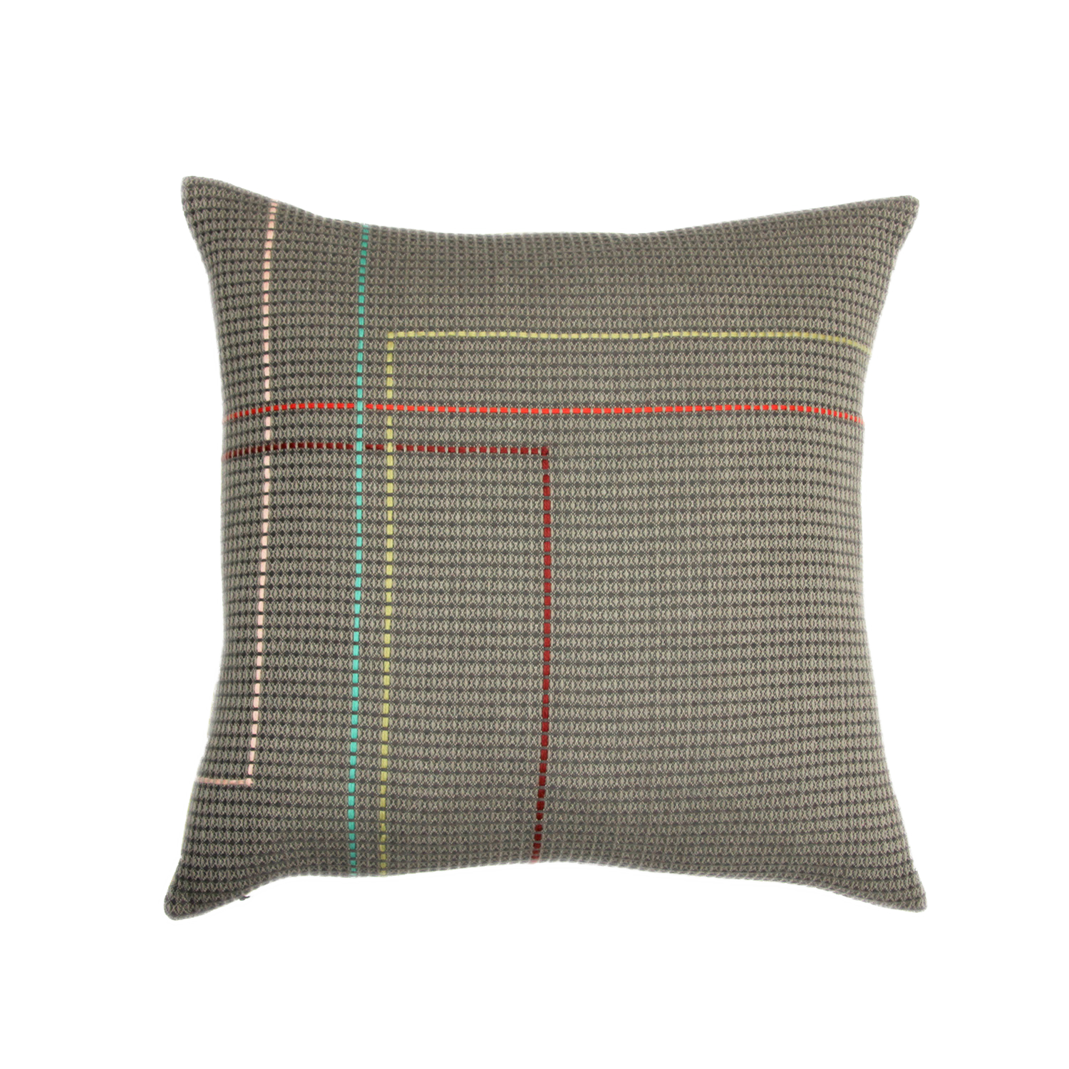 Hand embroidered organic cotton taupe and olive square cushion