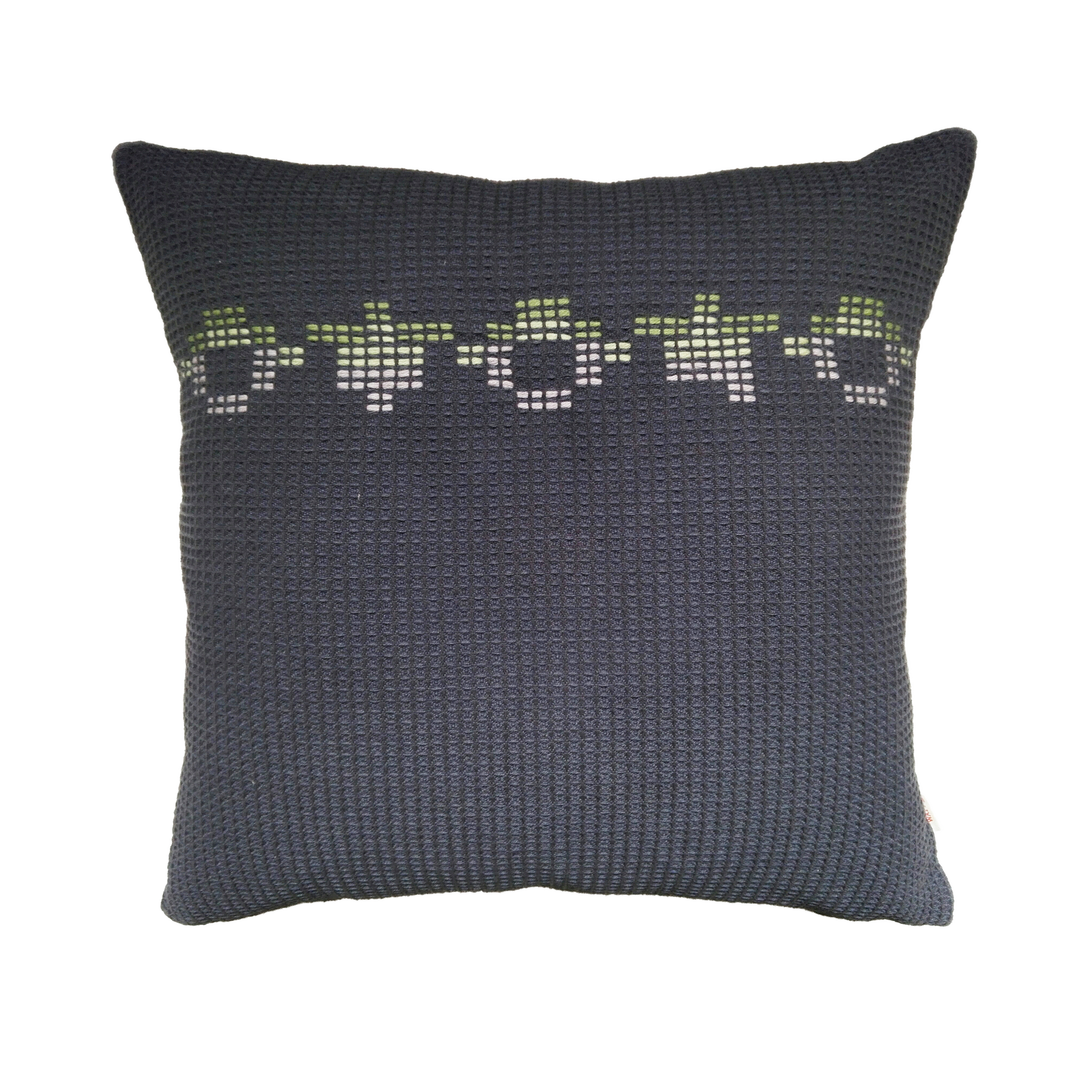 Navy and green hand embroidered organic cotton square cushion