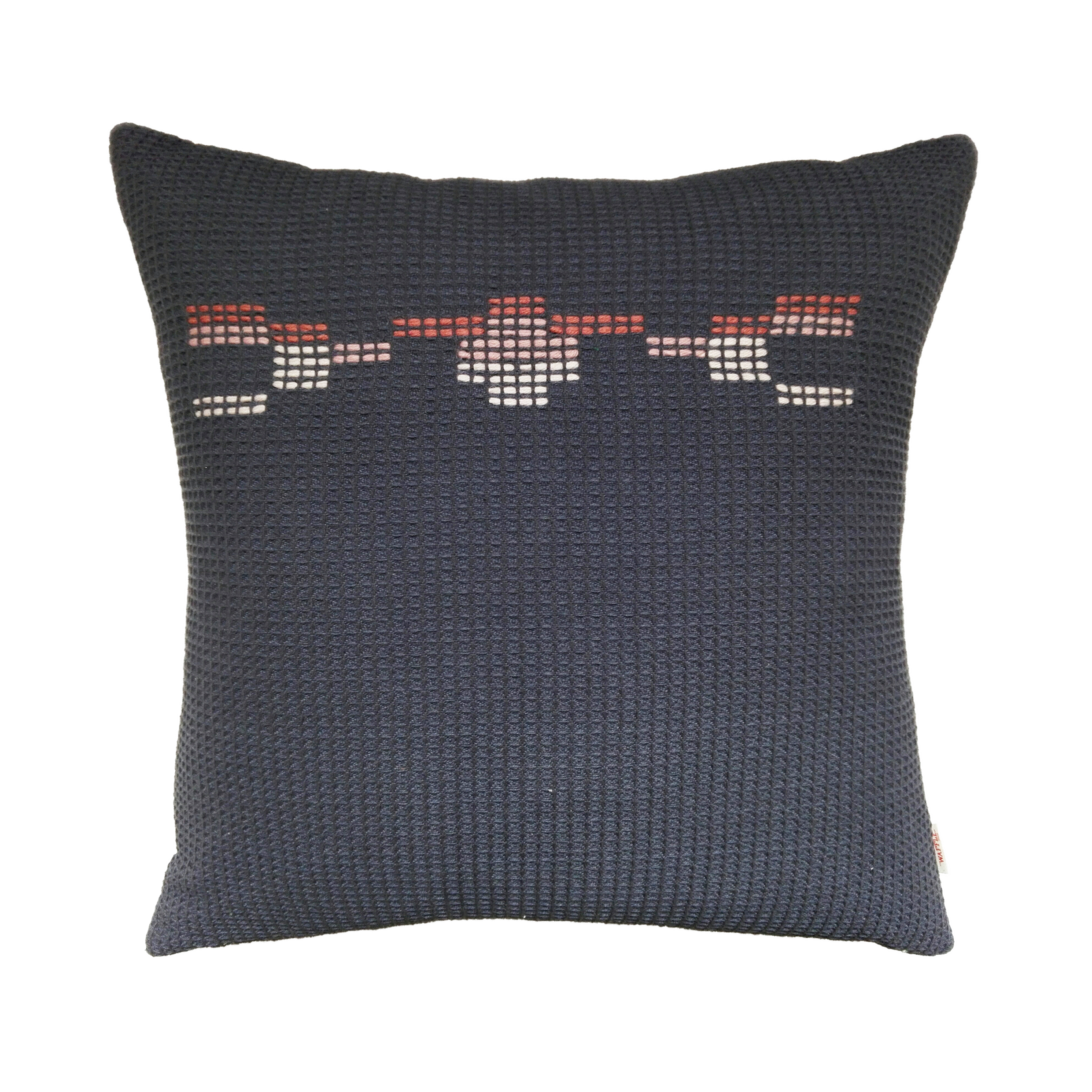 Navy and coral hand embroidered organic cotton square cushion