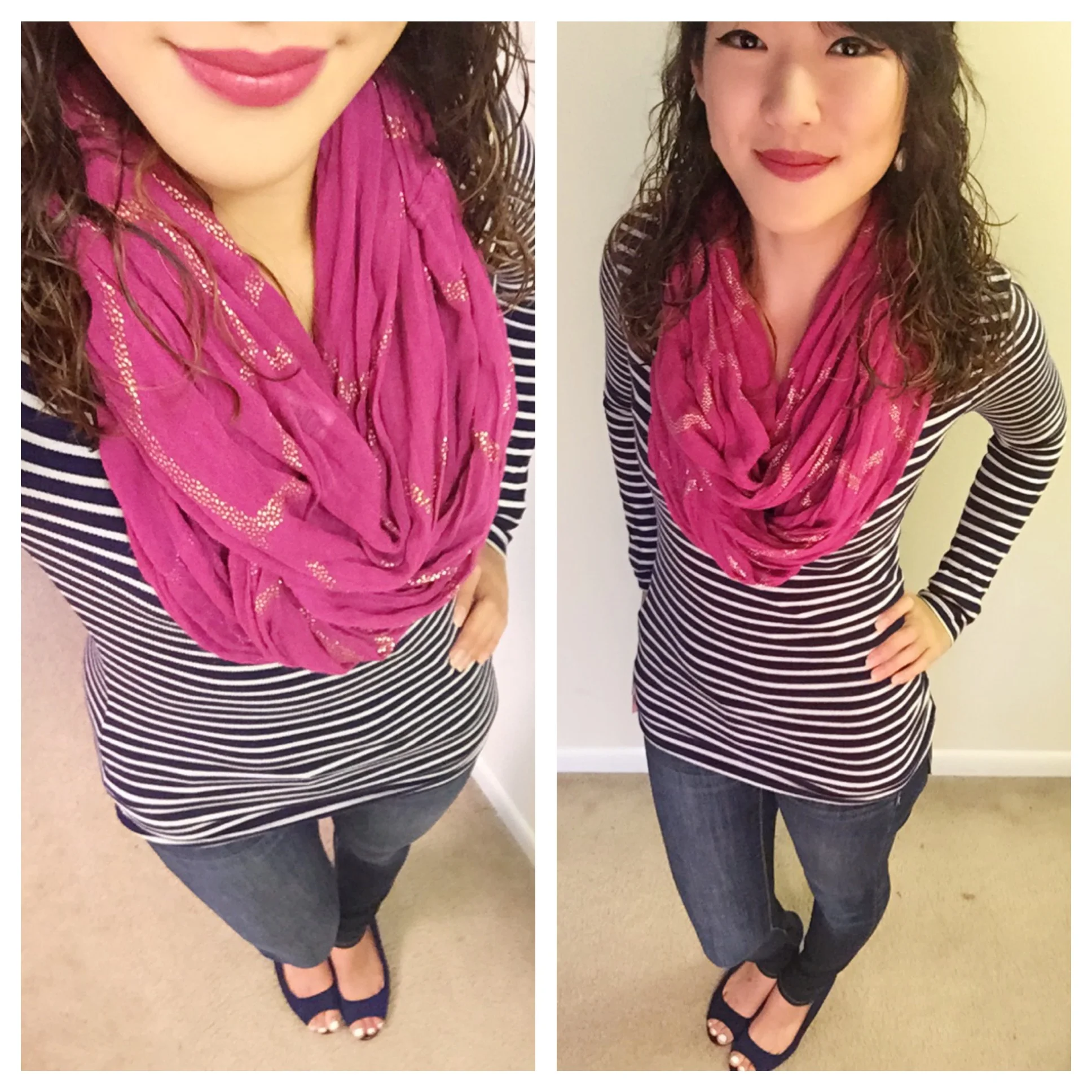 Shirt: Old Navy / Scarf: Target / Jeans: American Eagle / Shoes: Payless / Earrings: Charming Charlie's / Lipstick: Bellapierre