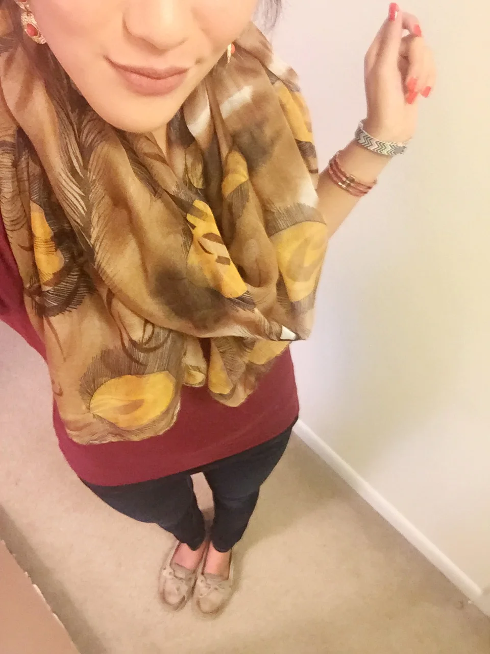Shirt: Old Navy / Earrings: Target / Scarf: gift / Yoga Pants: Victoria's Secret / Shoes: Sperry