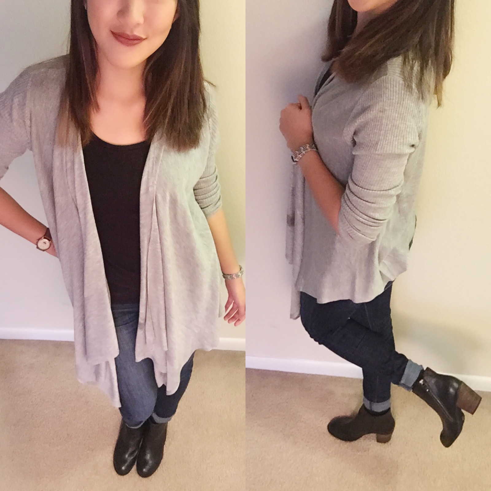 Shirt: F21 / Cardigan: Target / Jeans: American Eagle / Boots: DSW / Lip liner: Lord & Berry