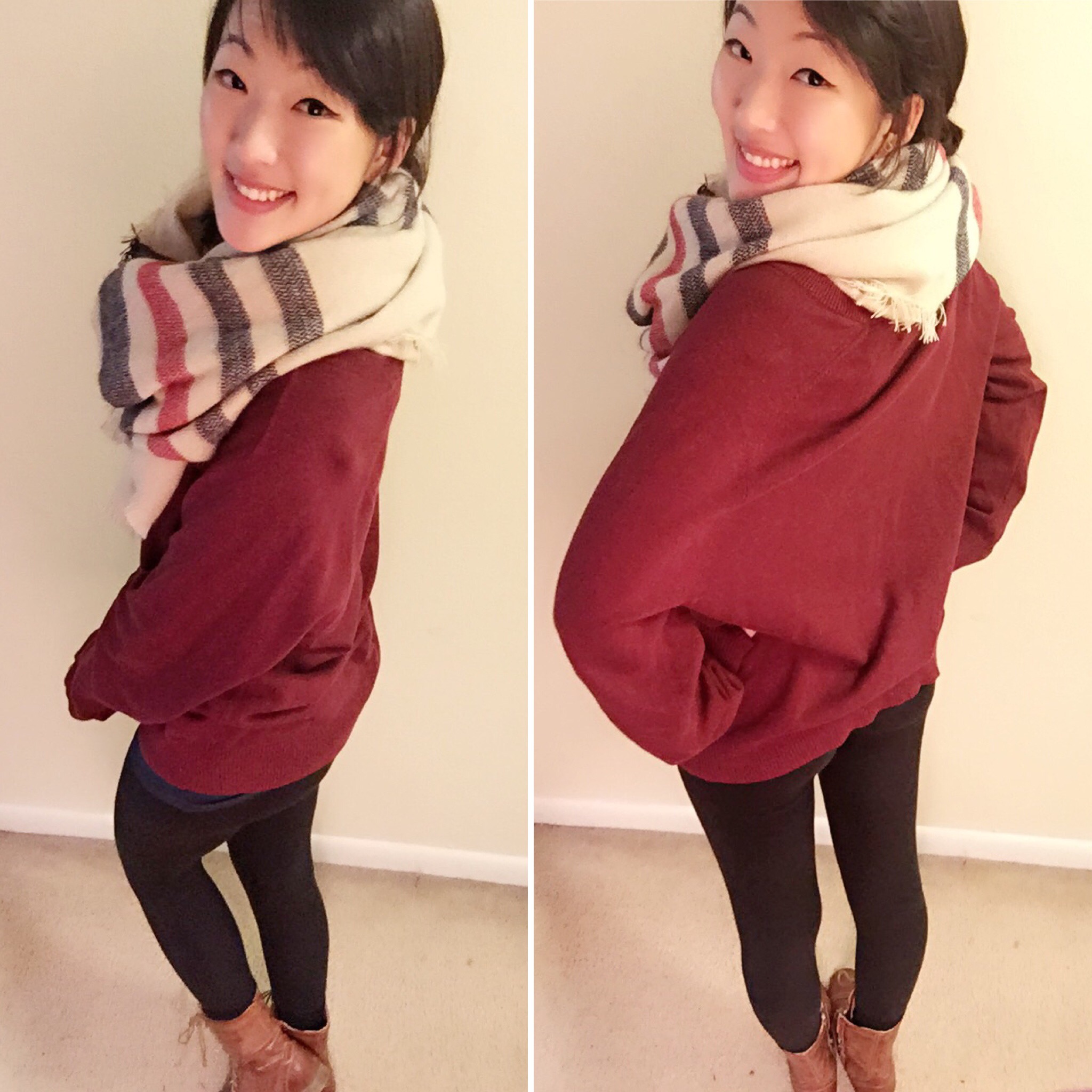 Sweater: Old Navy (Men's)/Scarf: Francesca's/Leggings: Victoria's Secret/Boots: Zappo's/Earrings: Target
