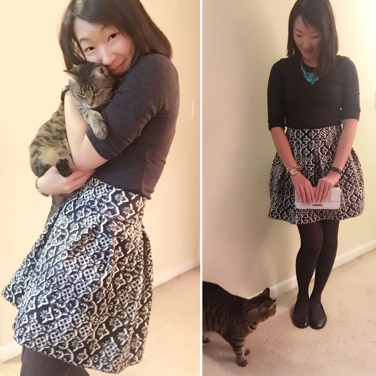 Necklace: Forever 21 ( Similar ) / Shirt: Old Navy ( Similar ) / Skirt: Target ( Similar ) / Shoes: Payless ( Similar ) / Watch: Urban Outfitters ( Similar ) / Wallet: Michael Kohrs / Cat: Gift ( Similar: PAWS Chicago ) 😛