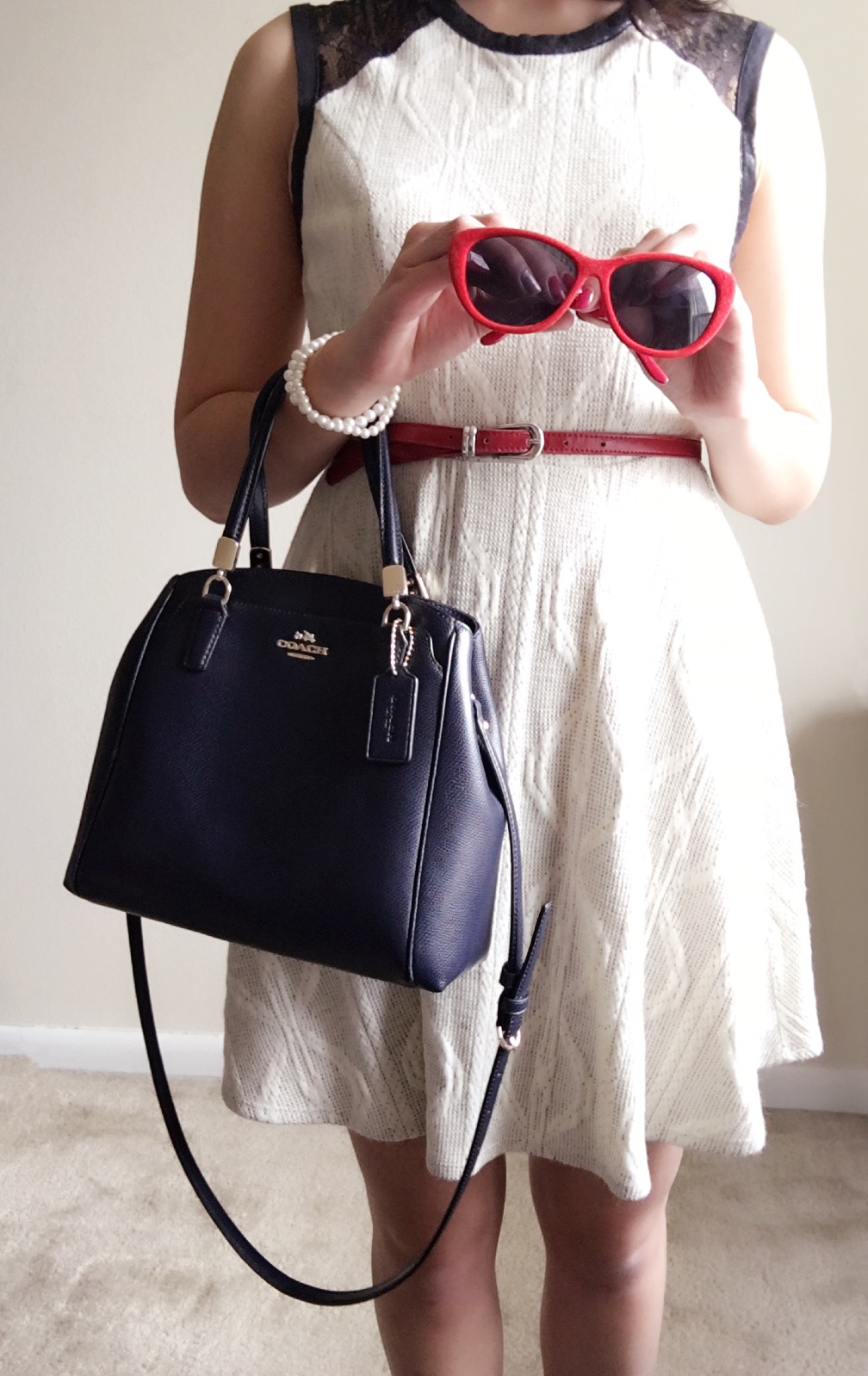 Sunglasses: Target / Dress: Marshall's / Bag: Coach / Shoes: DSW / Earrings: Charming Charlie's / Belt: Forever 21 / Lipstick: Colour Pop in Jonesing
