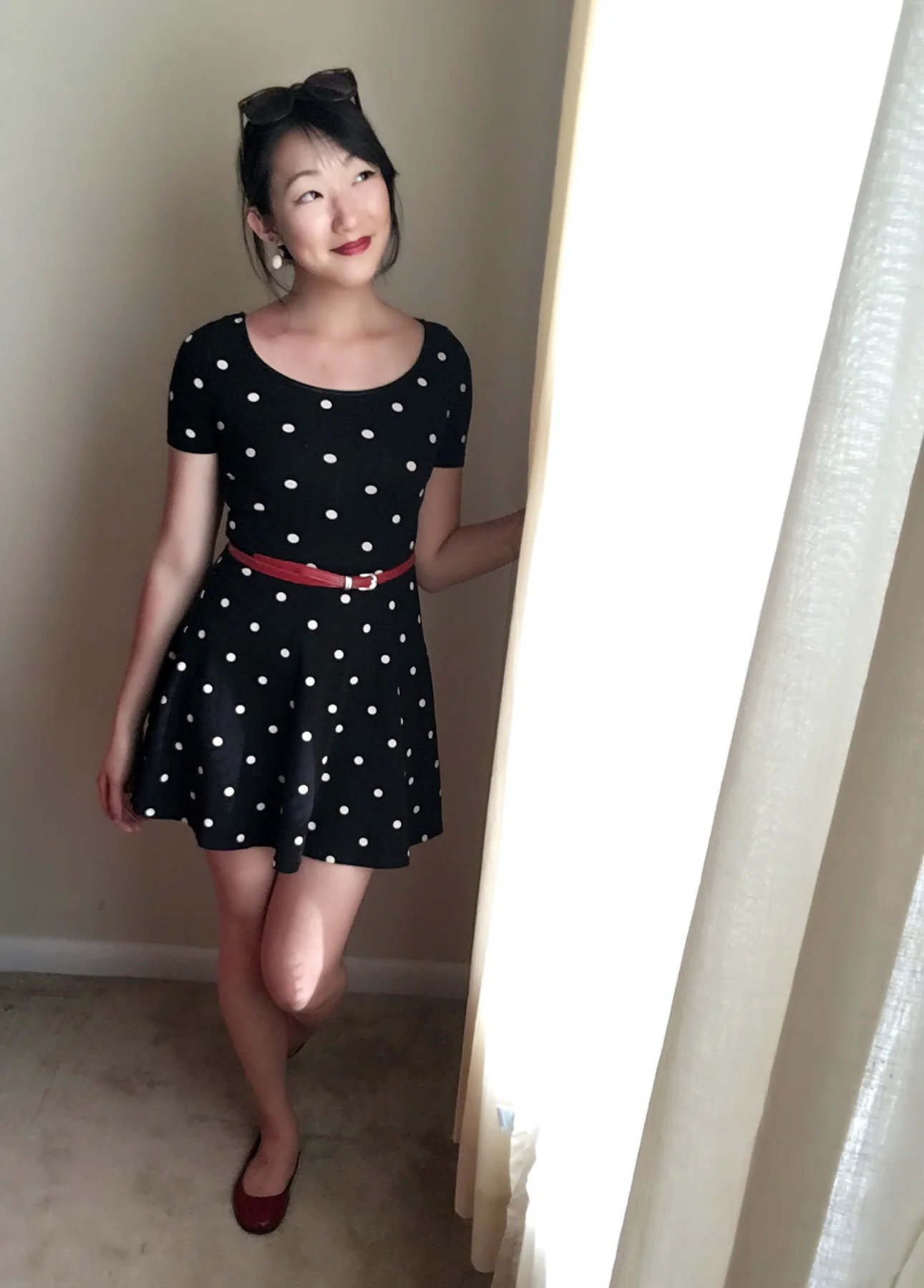 Dress: H&M / Earrings: Charming Charlie's / Belt: Target / Flats: Payless / Lips: Colour Pop