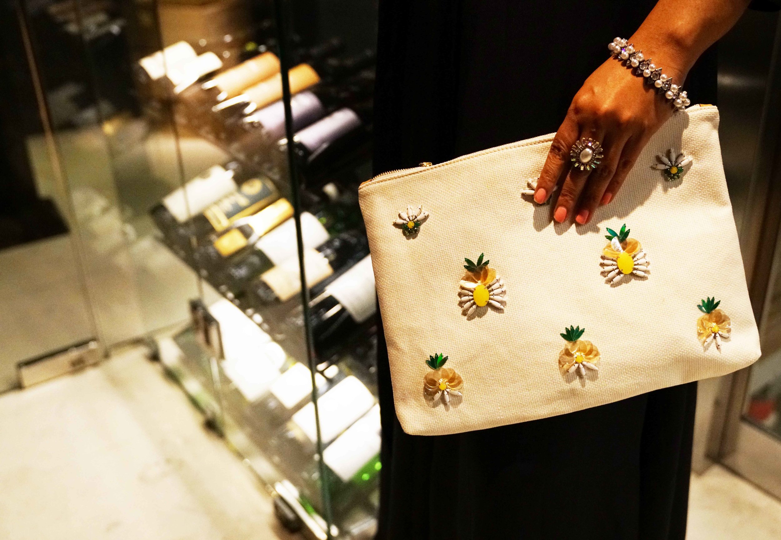 Pineapple large zip pouch WITH PEArLS AND METALS. IT'S ALL A MIX AND MATCH GAME TO ADD A POP