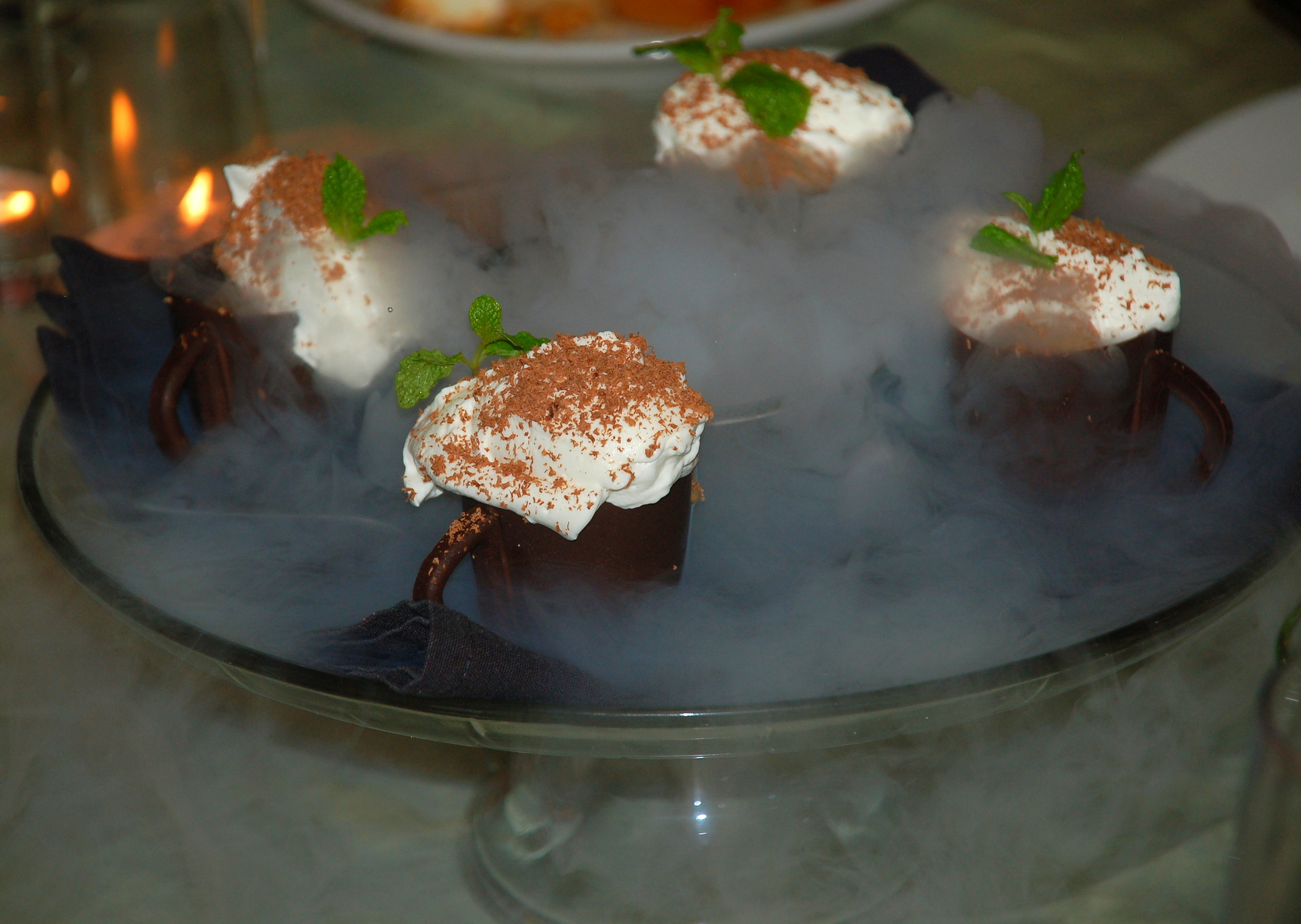 HOME MADE ESPRESSO GELATO Chocolate Cups, Creme Chantilly, Fog Dome