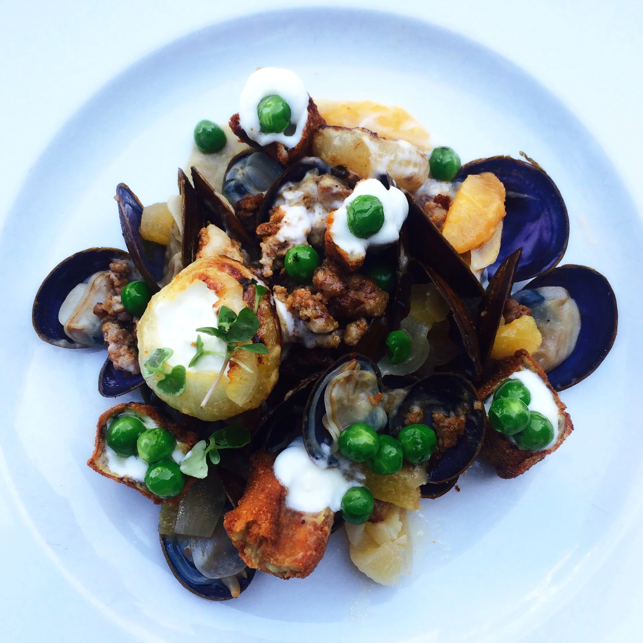 Savory Clams, Sausage, Peas, Cipollini