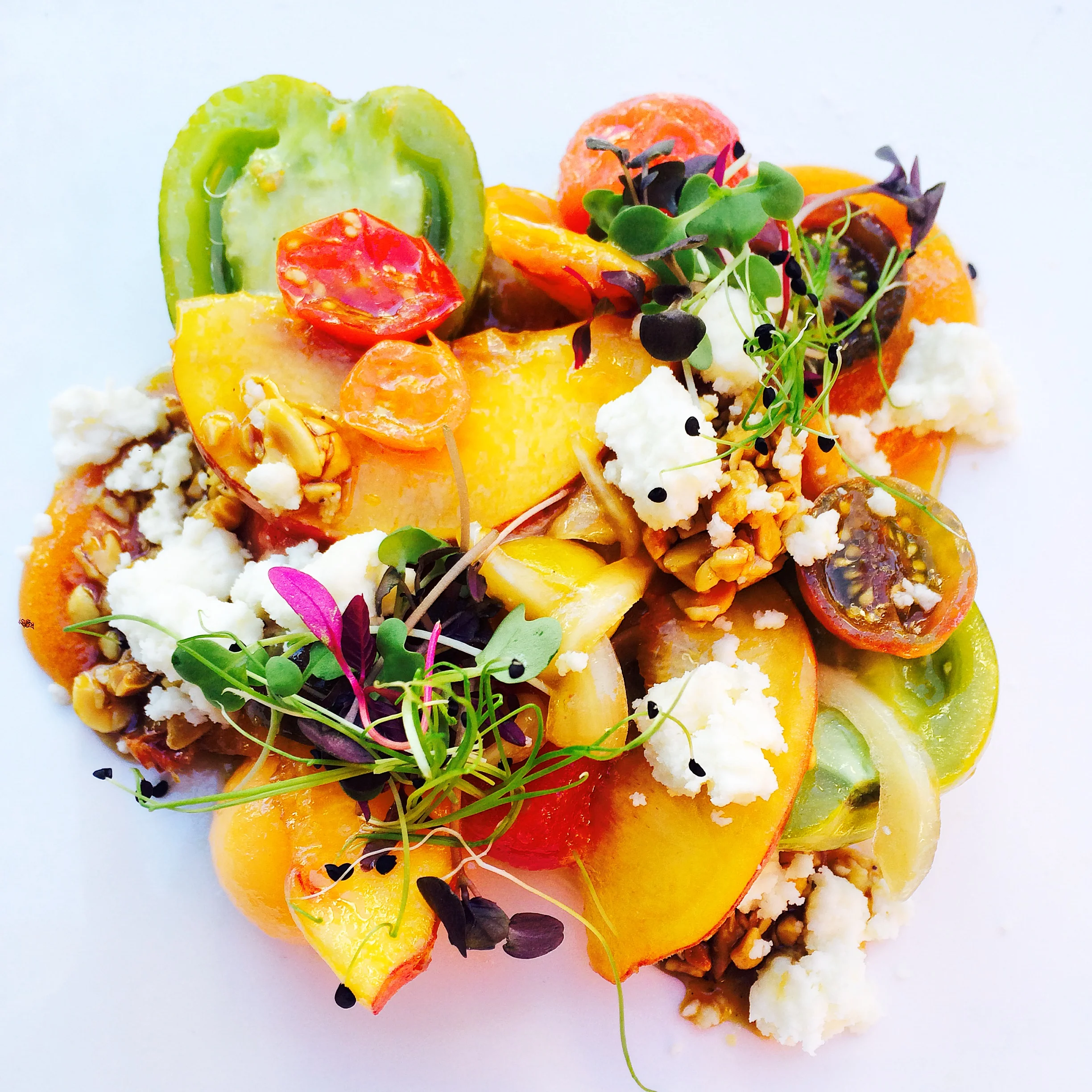 Heirloom Tomato, Poppy Peanut Hash, Goat Milk Cheese, Cane Vinegar