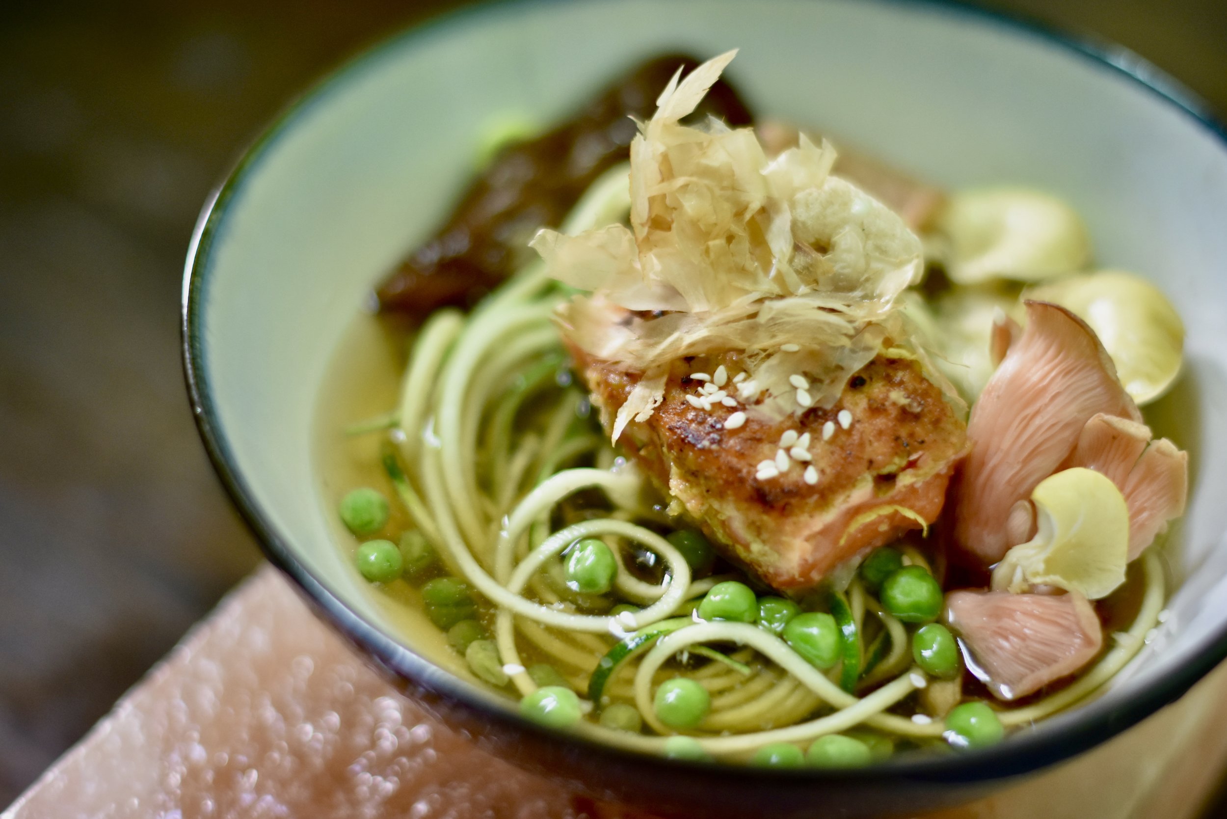 Crispy Halibut/Wild Mushroom Broth/Pink Oyster Mushrooms/English Peas/Bonita Flakes & Chicharron