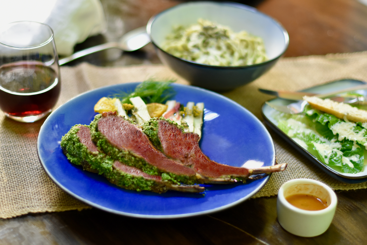 Herb-crusted Baby Lamb Chops/Avocado Mashed Potatoes/Molcajete Caesar Salad