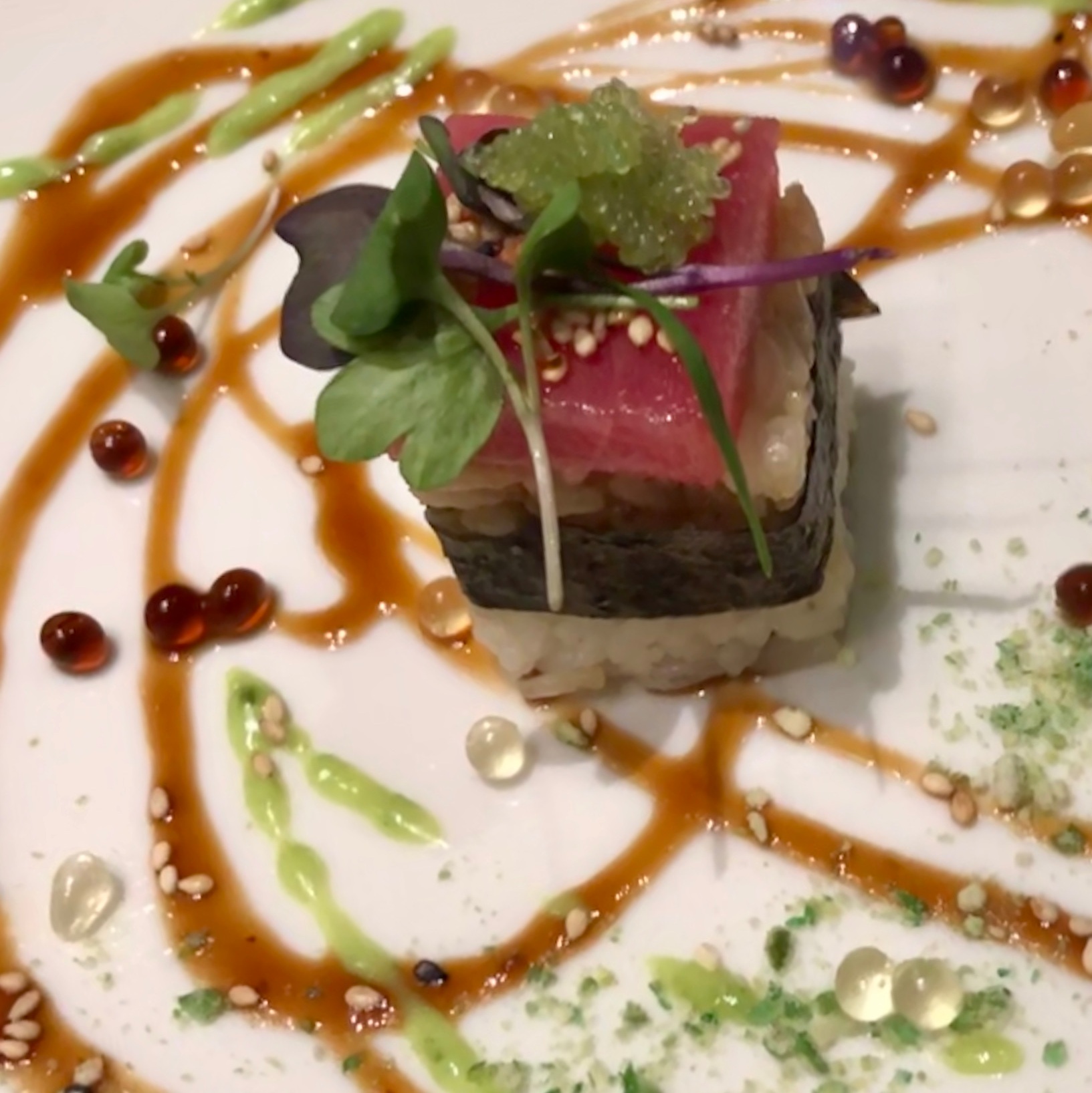 Tuxedo Tuna: Ahi Tuna Soy Pearls/Yuzu Pearls/Wasabi Sauce/Wasabi Caviar/Wasabi Pea Dust