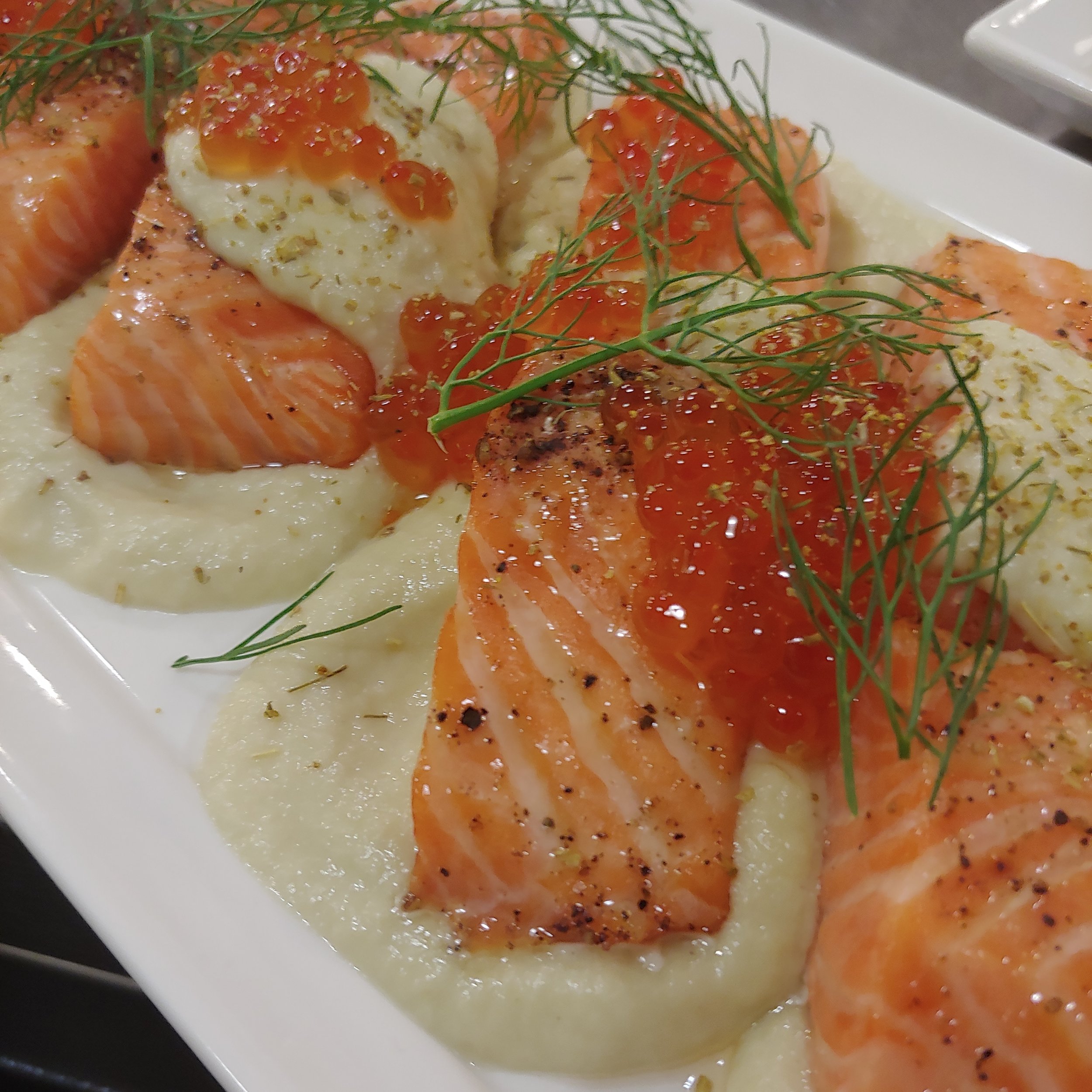 SLOW ROASTED SALMON FILLET Fennel Soubise, Pollen, Roe