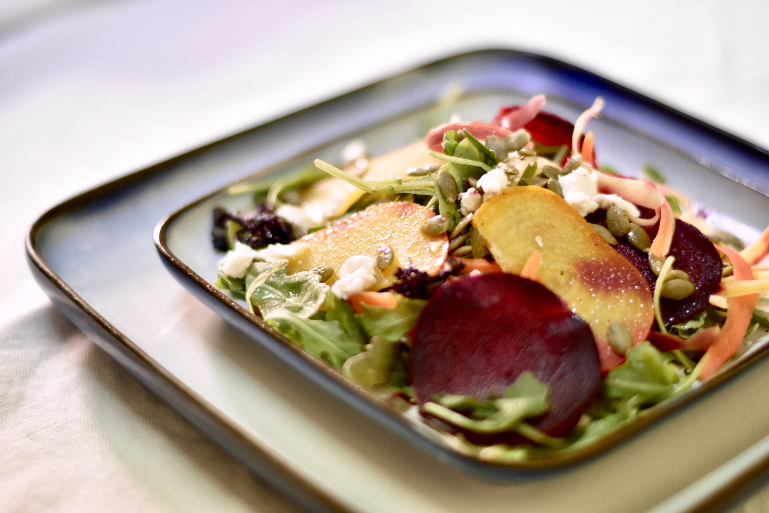 Golden & Red Smashed Beet Salad/Ricotta Salata/Pumpkin Seeds/Crispy Garlic Chips