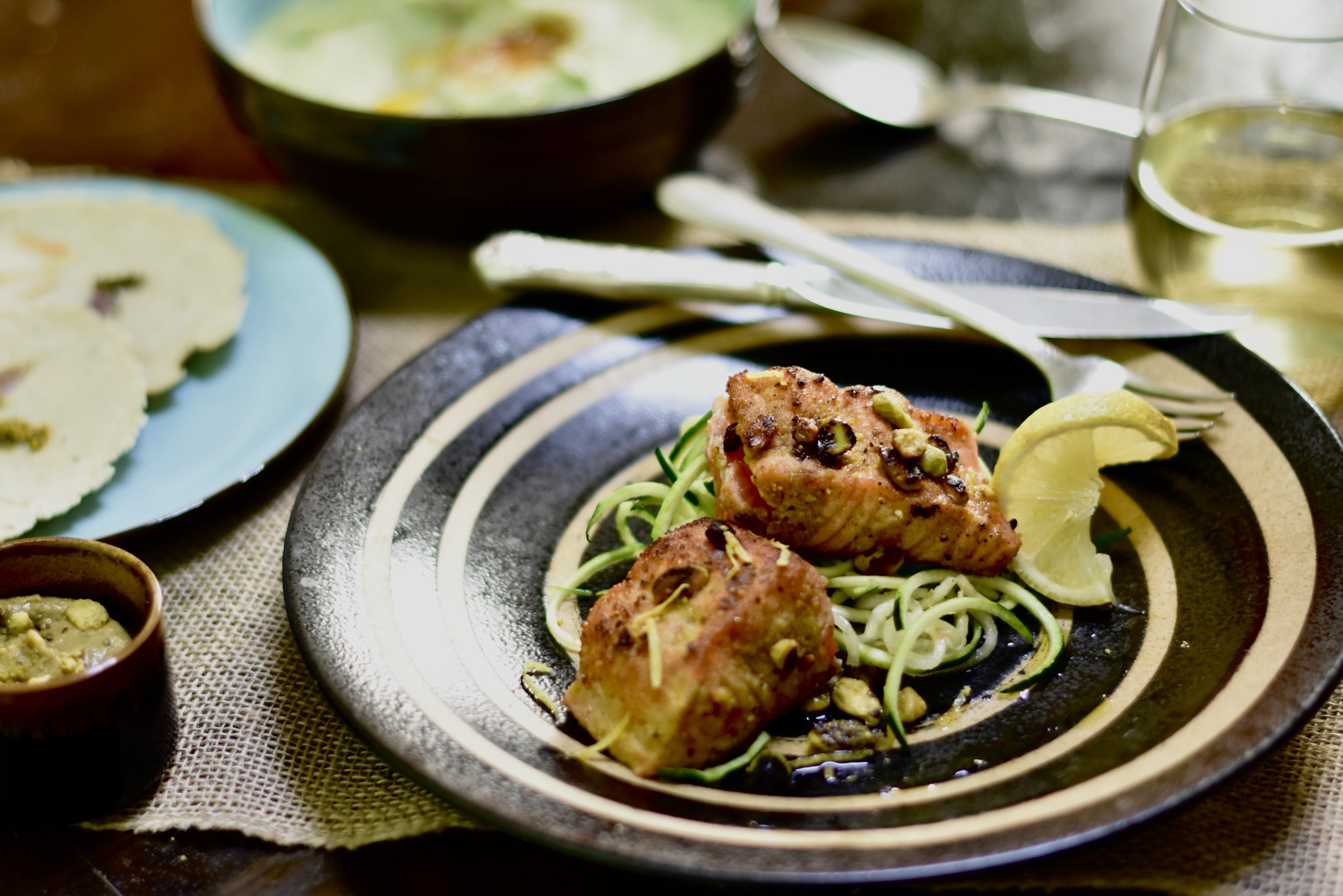 Pistachio-crusted Salmon/Zucchini Noodles/Pistachio Pipian