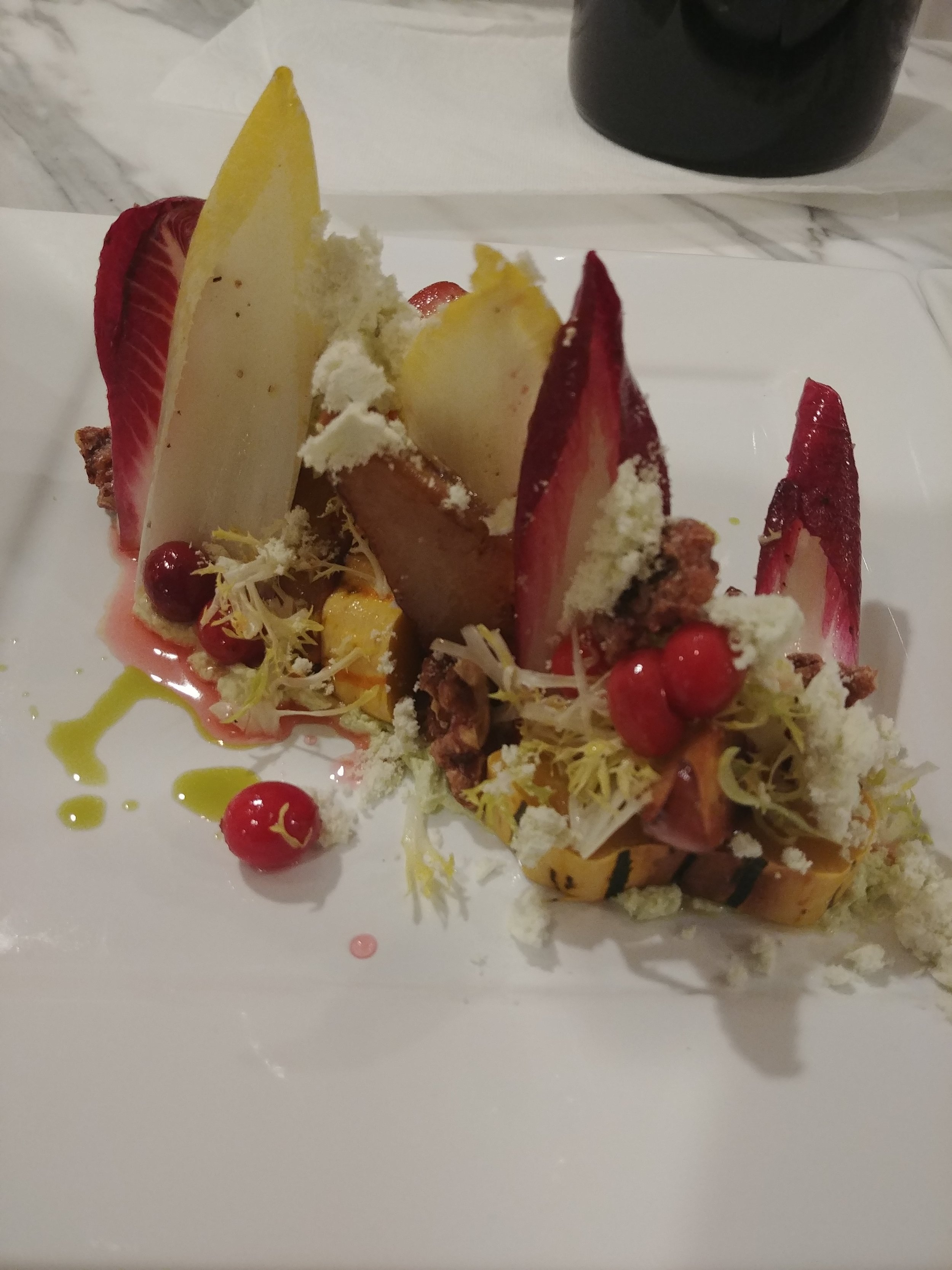  DELECATA SQUASH &amp; TOASTED PEAR SALAD Sage Infused - Whipped Local Chevre, Frisee, Pickled Cranberries, Spiced Walnuts