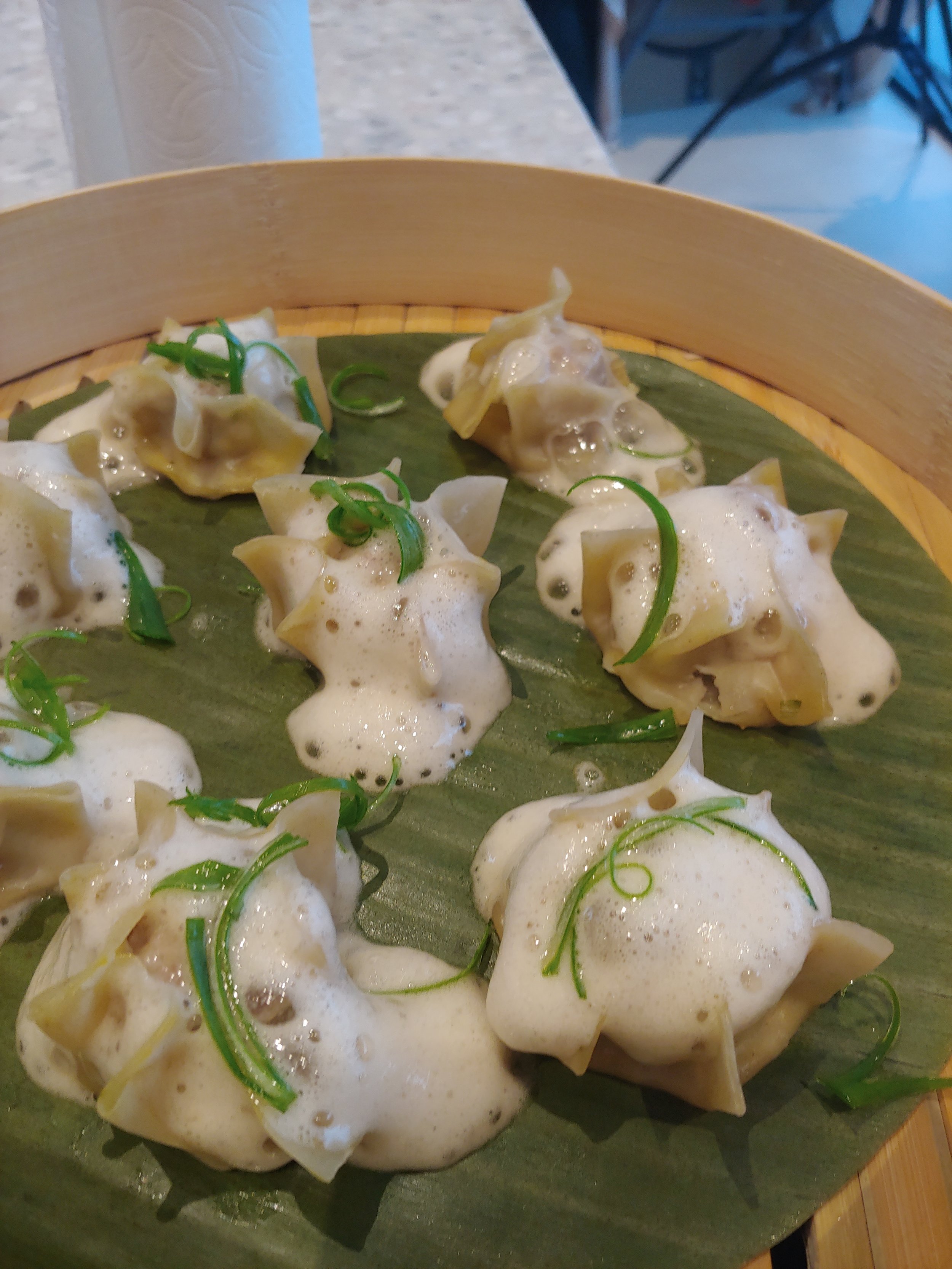 GINGER PORK SHAO MAI DUMPLINGS Garlic, Scallion, White Soy Sauce Foam