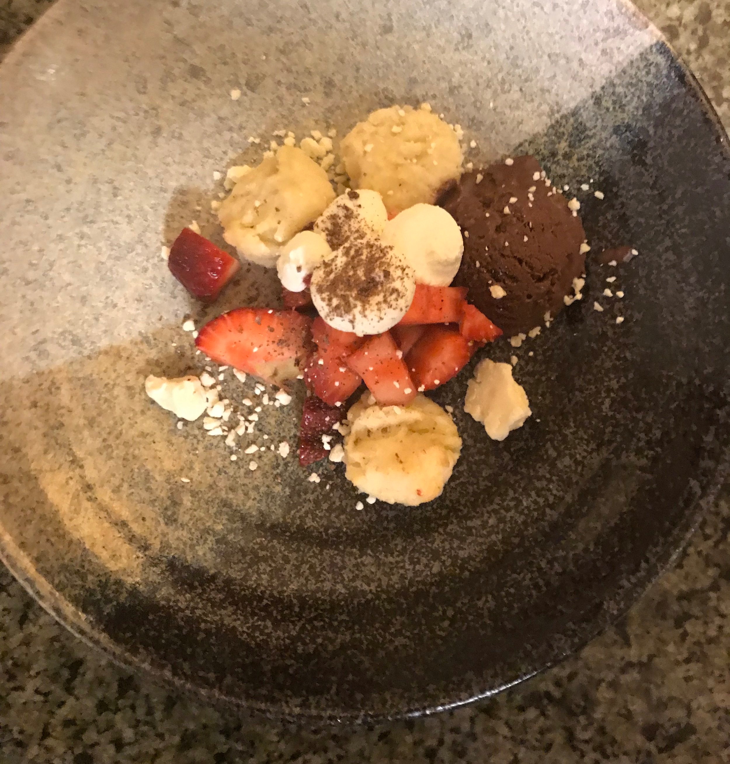 Deconstructed Strawberry Shortcake/Dandelion Chocolate &amp; Corn Sorbet
