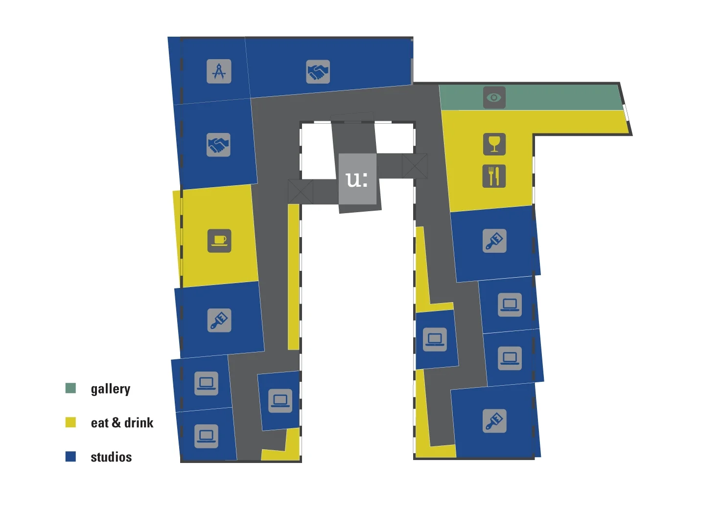 FLOOR PLAN We designed top two floors, which includes the inspirational gallery, communicative cafe, restaurant, and bar, collaborative studios. They are interlocking volumes, all connected by u: lobby, where you arrive to check in. u: is made up of small, medium, and large studios, there are places to eat and drink, and to absorb information. The floor plan is inspired by how creatives are coming together and collaborated on projects which creates a shift in perspective.