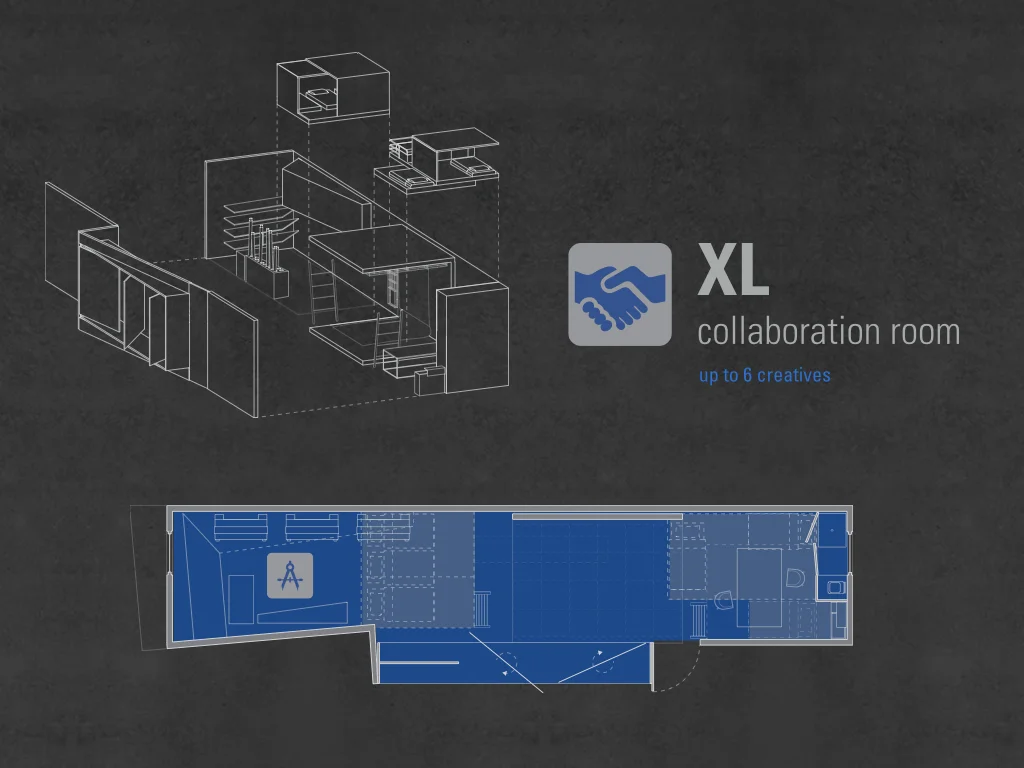 The XL collaboration room accomandates up to six creatives, the lower level is for work and upper level for sleep. There is a tool shed, 100% of the lower space is dedicated to work.
