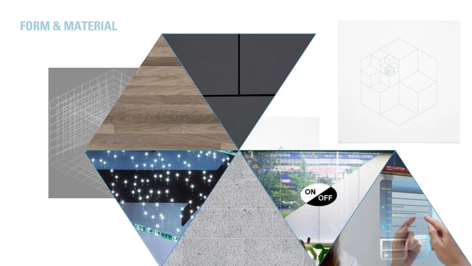 FORM - I'm inspired by how each family are individual hubs that are connected seamlessly with technology. MATERIAL - I understand the danger of technology related project, surface being overly smooth and cold. Therefore I'm incorporating warm material with textures to engage residents in a sensory level.