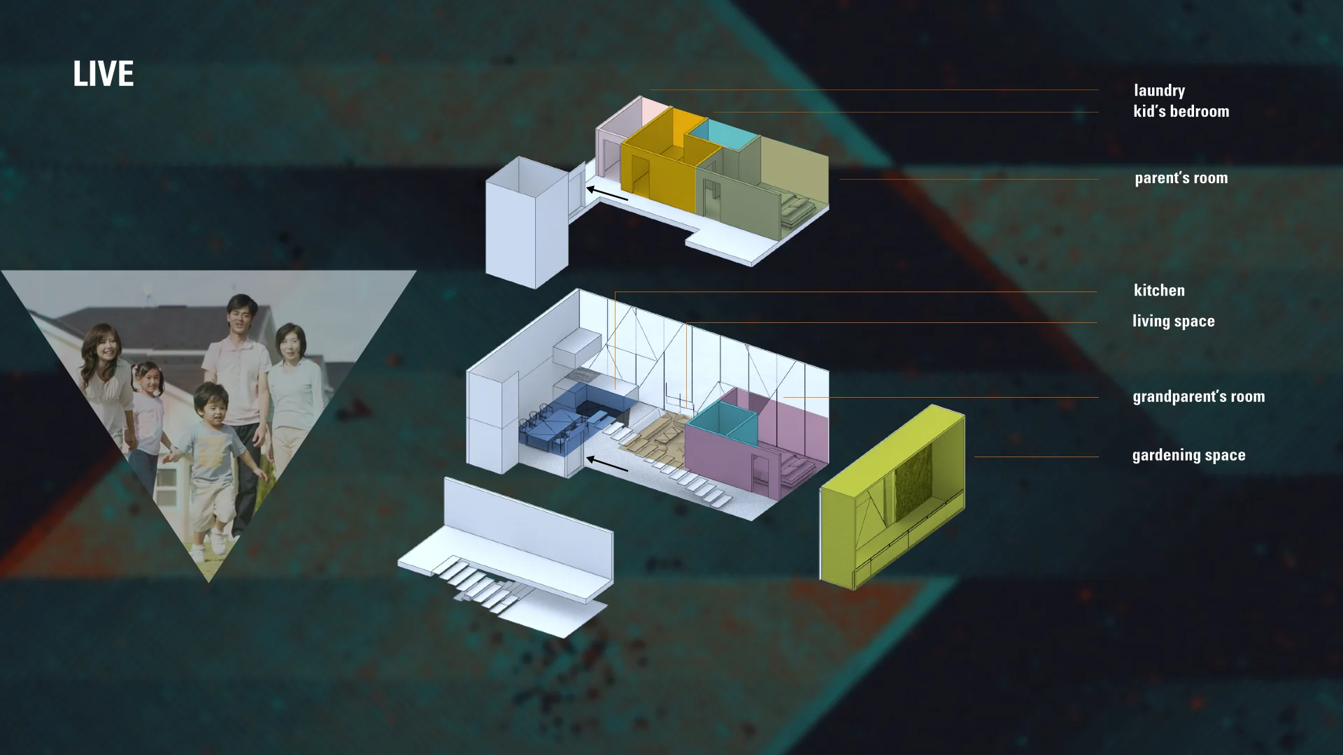 RESIDENCE - there are two levels with separate entrances to create privacy for different generations, there is another stair inside. The lower level is for grandparents, it has kitchen; living space; their room and gardening space. When grandparents move out parents will occupy the lower level and kid will occupy upper level.