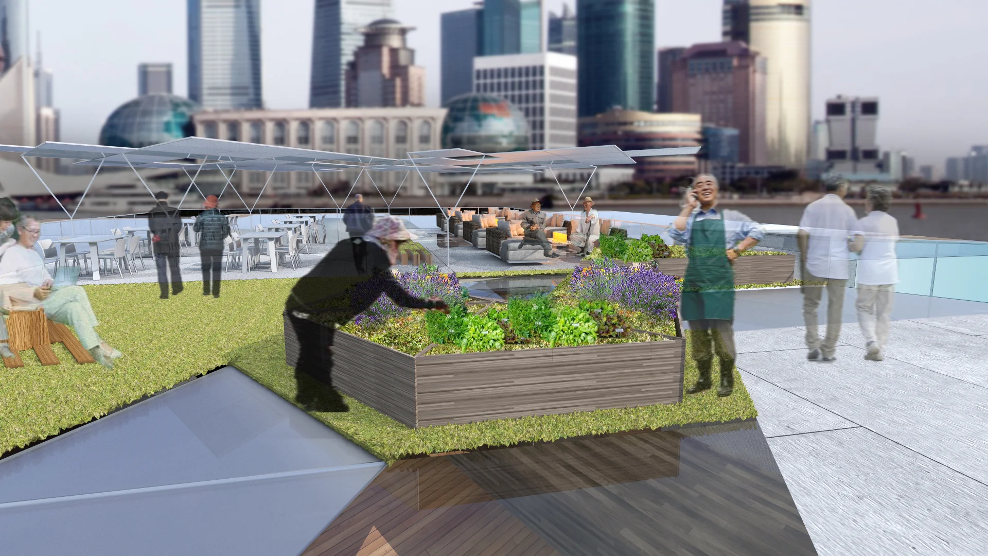 In the morning, elders could use the community gardening space to plant veggies or they could rest in lounge to enjoy the view.