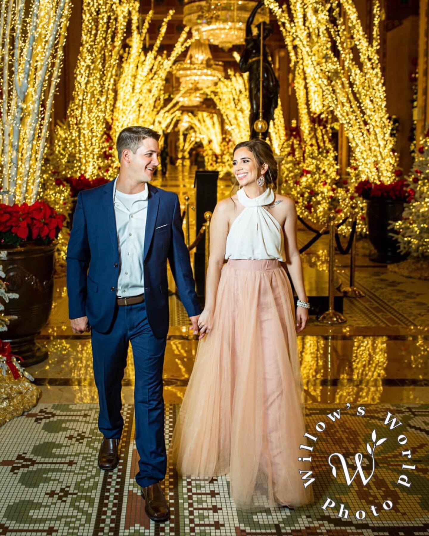 Though stormy weather derailed @welcome2thespace_jann and Bryan&rsquo;s original #NewOrleansEngagement photo session, all was merry and bright at @theroosevelt_no, which had just put up its famous (and inevitably gorgeous!) holiday decorations!  Cong