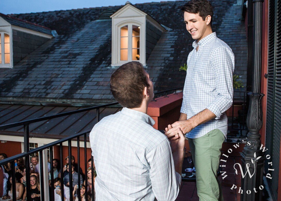 Still one of my favorite #MarriageProposals - Kirk pretended he was just throwing his boyfriend Cody a birthday party @tableau_nola - but he'd secretly set up a separate balcony with flowers, champagne, and a little black ring box.  All of their dear