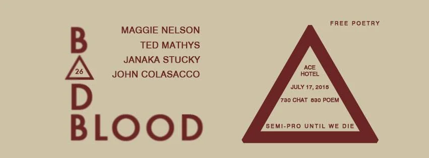 Maggie Nelson + Ted Mathys + Janaka Stucky + John Colasacco. 7-17-15 PDX Bad Blood XXVI. Party’s in the lobby at Ace Hotel.
