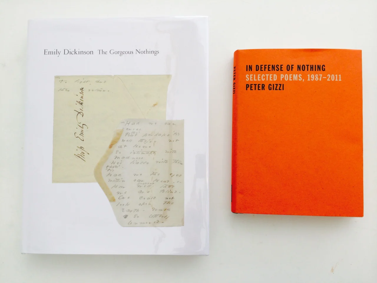 Nothing’s defense. Nothing’s gorgeousness. With yesterday’s birthday cash, and Powell’s 15% off this month , I checked off the top two books from my list. In Defense of Nothing by Peter Gizzi and The Gorgeous Nothings by Emily Dickinson.