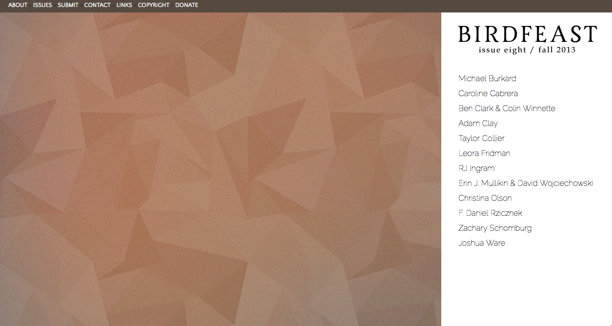 The 8th issue of BIRDFEAST now exists, and it looks like they’ve got a few excerpts from this long poem I’ve been working on called Agnes the Elephant. So, if you feel like reading stuff…