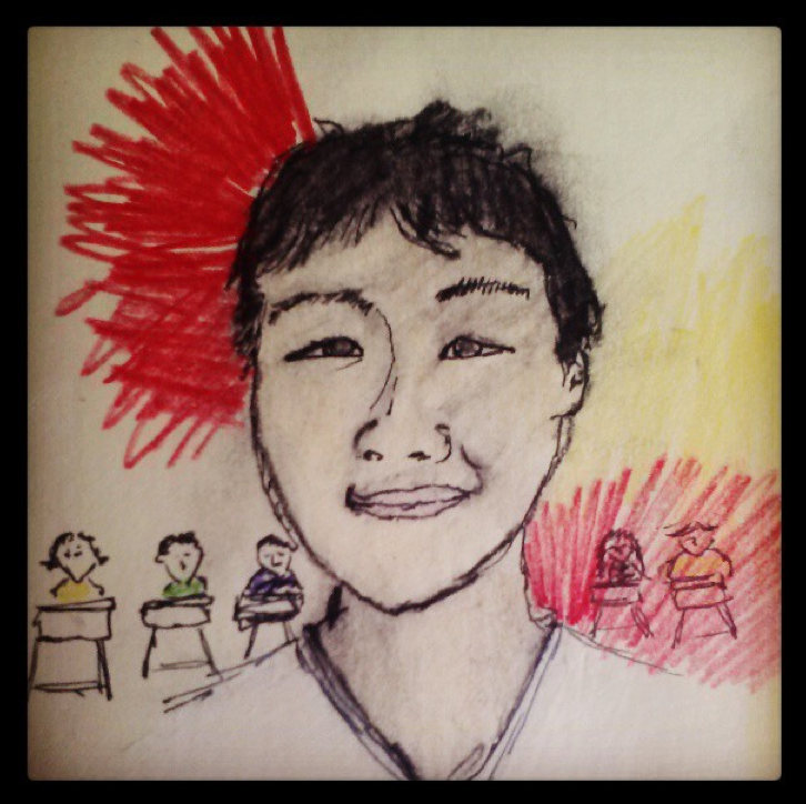 THE PERSON OF THE WEEK, #8: My Kaohsiung American School writing students My KAS writing students are 168 cm, 164 cm, 164 cm, 160 cm, 163 cm, 154 cm, 156 cm, 153 cm, 158 cm, and 150 cm tall. Their names are Vincent Fu, Brenda Su, Jane Yang, Jenny Chen, Derek Huang, Ellen Tsai, Rita Yen, Tiffany Yu, and Lynn Wu. I couldn’t draw all of them so I drew a picture of just one of them. His name is Vincent Fu. When we write in the room, I like to play music. So far we’ve written to Sigur Ros, Explosions in the Sky, Stars of Lid, Balmorhea, Loren Connors, Godspeed you Black Emperor, and The Books. Once we tried to write to Wolves in the Throne Room, but I quickly realized that was a bad idea and then we went back to something else. Anyway, every time we try to write to music, Vincent Fu begs me to play Bruno Mars, but I won’t. I just won’t. But this morning, I played “When I Was Your Man” for him really loudly in the classroom because he was the first person there, and it was just the two of us for a few minutes, but as the other students walked in they laughed at it, or couldn’t have cared less about it. I told Vincent I liked it though. Most of them are really good writers, but they are very quiet and feel shy about sharing it with me, with each other, with the world, so we figured it’d be a good idea to put them on twitter. You should read some of the observations they’ve been making. Today, Tiffany Yu wore her pink Chuck Taylors to class, so I had her model them and everyone practiced writing her shoes into existence. They’re pink and white and high topped, etc, they’d say. Tell me what I don’t know, I’d say. I wrote everything that is in my head, said Derek Huang. Then I said now write what is not in your head. You know, that sort of thing. We’re working on, as good writers, making the kinds of observations that no one else could possibly make, to see things in a way that others can’t. We’re practicing this by writing while staring at art. So far we’ve looked at Eugene Meatyard, Kelly Shimoda , Miaz Brothers , Andrew Tosiello , Graciela Iturbine , Diane Arbus, Cy Twombly , Magnus Bartas , Enrique Martinez Celaya , Maya Deren and Stan Brakhage. These artists are really freaking most of them out. And then I tell them it is good to be freaked out, to write and make art while being really freaked out. And so far we’ve read the writing of Mathias Svalina, and Alexander Starr Hamilton . Here are some things about each of them I want to tell you: Jenny Chen is really good at playing the piano, the flute, and the guitar. Rita Yen likes to play basketball, but she can’t even come close to dunking. She is rooting for the Heat. The NBA finals are on in the mornings when we’re in class, so Rita is a little bummed about that. Brenda Su observed that the woman in the Graciela Iturbine photograph was wearing a shirt with flowers on it that looked like birds, while she was wearing a shirt with birds on it that looked like flowers. Tiffany Yu has never been in the ocean even though she has lived her entire life on an island. Shelly the Sun is good at making faces. Ellen Tsai likes to draw dancers. She has the longest hair in the class. Linn Wu wants to be a stand up comedian, but she only knows poo jokes. Jane Yang writes her name on her notebook constantly. I think she’s written her name 100x on the cover. I suggested she become a graffiti tagger, but she doesn’t think her parents would like that suggestion. Derek Huang reads fantasy novels about people who cast spells and stuff like that. And I already told you about Vincent Fu. Because I’ve been writing a lot alongside these students this week, I feel a kinship to them. So for all these reasons and more, my Kaohsiung American School students are this week’s The Lovely Arc’s The Person of the Week.
Follow the KAS writing students on Twitter here .
Please submit your suggestions for next week’s The Lovely Arc’s The Person of the Week to me via email.